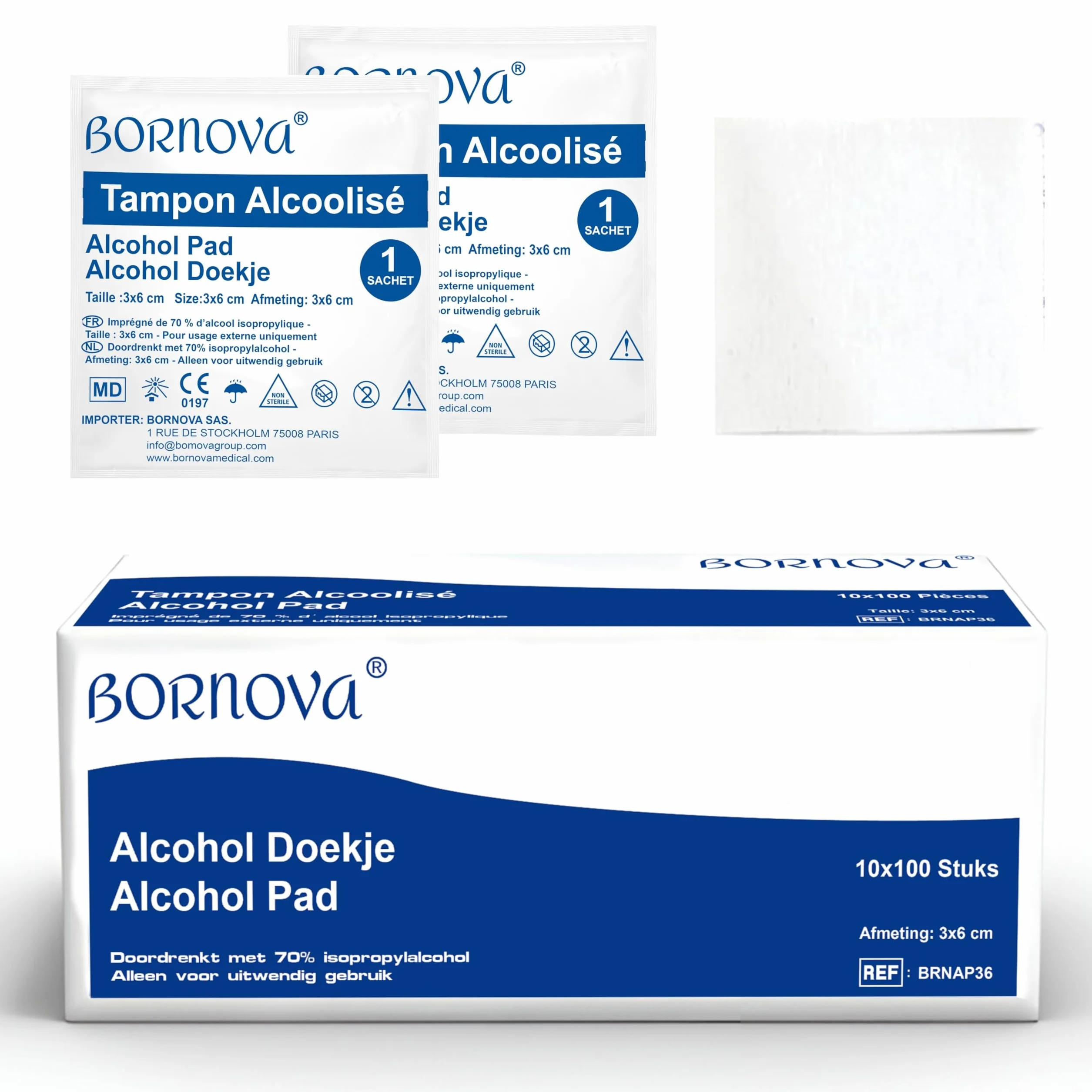 Toallitas impregnadas BORNOVA 3x6 cm limpieza piel objetos uso único