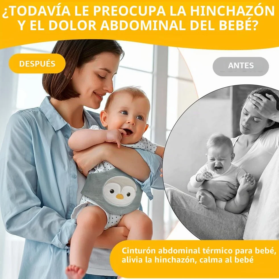 Vicloon Cinturón Anticólico para Bebé, Cojín Térmico Ajustable con Partículas de Arcilla, Lavable, para Dolor Abdominal (Pingüino)