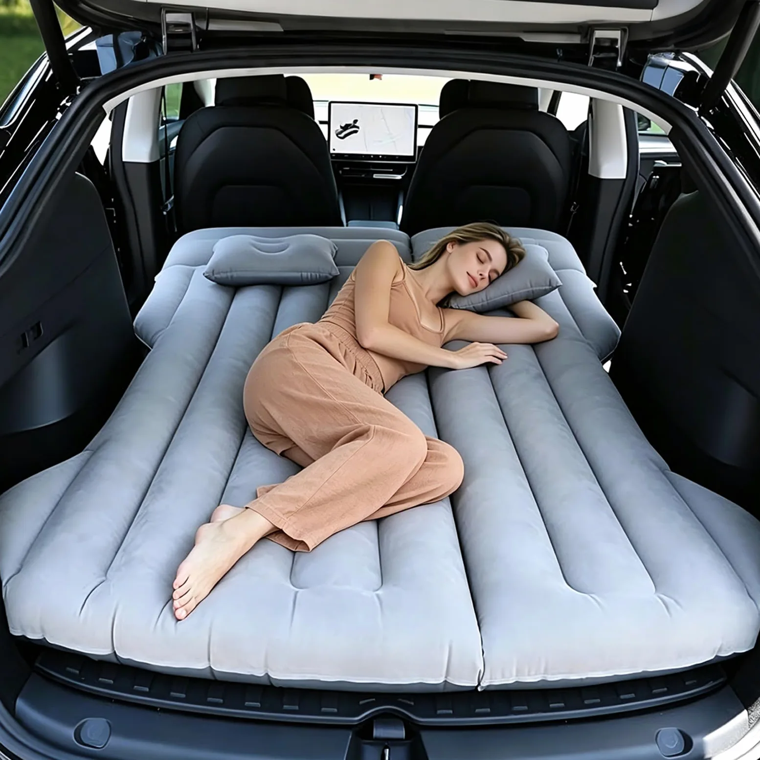 Colchón de Coche Hinchable Tesla Model Y y SUV - para Acampar (Grey) | 190 cm x 130 cm, con Bomba y 2 Almohadas Pequeñas, 4 Áreas Multifuncionales Independientes, Apto para la Mayoría de Vehículos