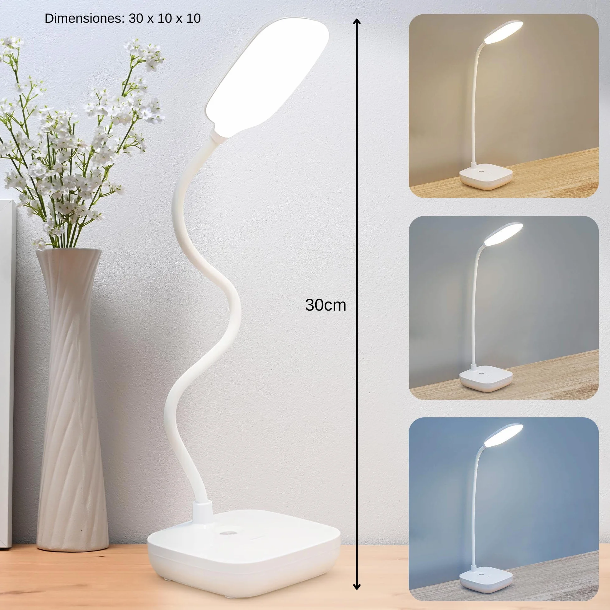 Lampara Escritorio LED Recargable, Flexo Flexible 3 Modos Luz, Control Tactil Ajustable para Oficina Estudio