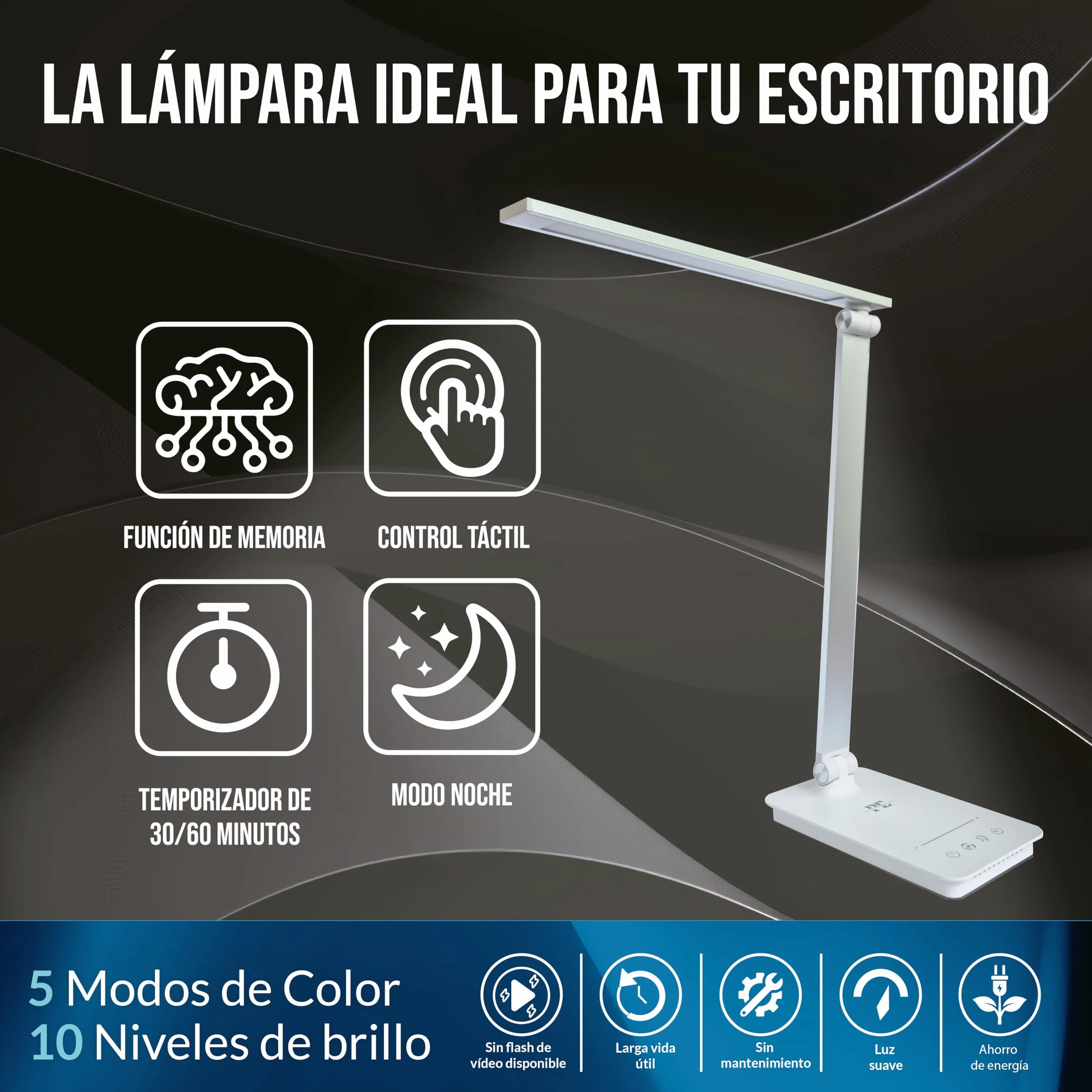 Lámpara LED Escritorio 5 en 1 Flexo con Luz Nocturna Táctil 5 Modos 10 Niveles Brillo USB Plata