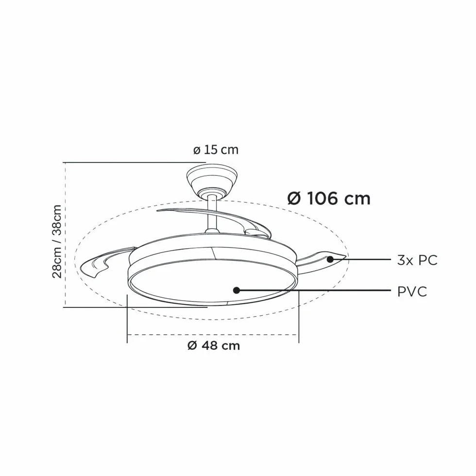 Ventilador de techo con aspas retráctiles Arpino Blanco+Madera LED 48W CCT 3000-6000K Regulable Silencioso
