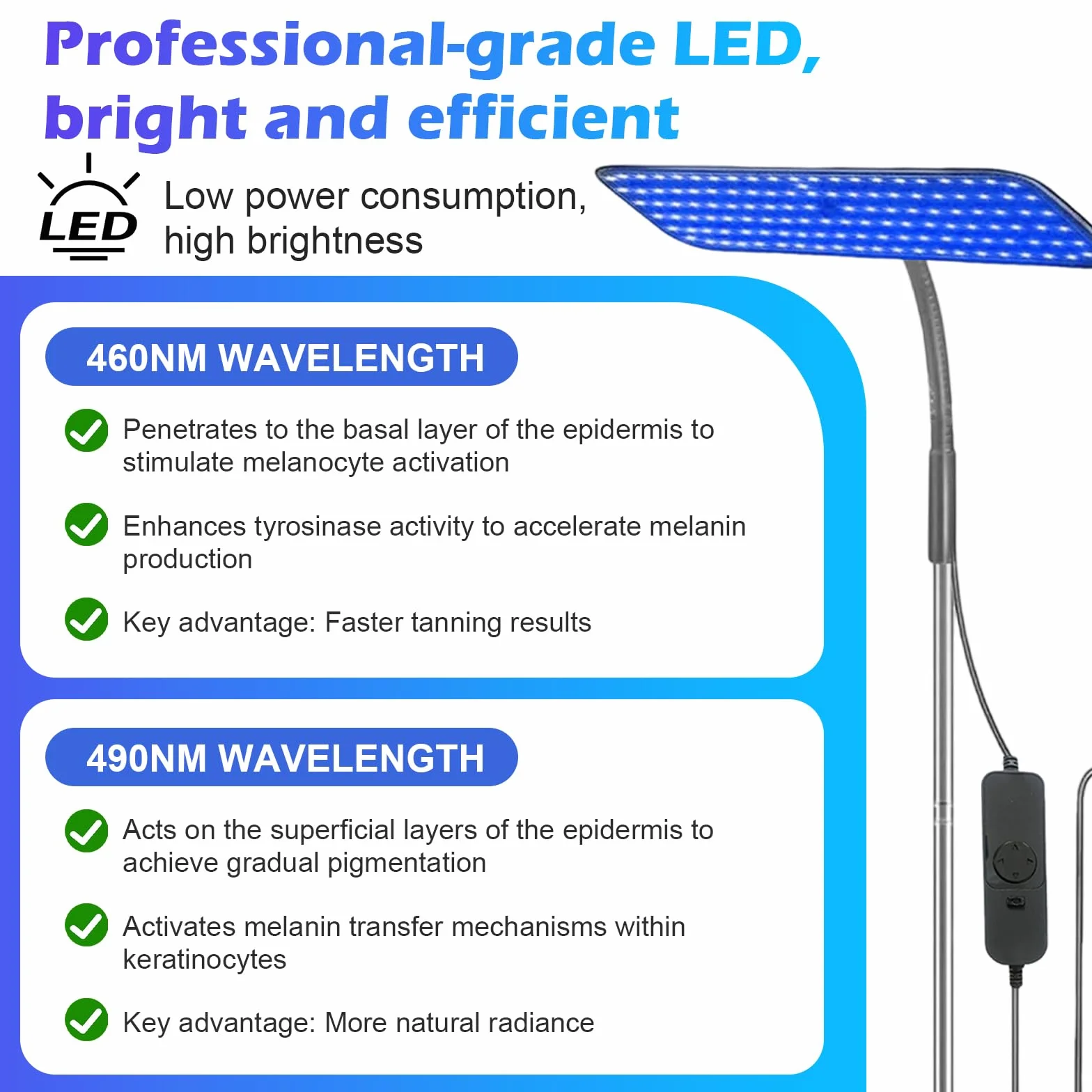 Lámpara de bronceado facial 126 LED 25W 460nm 490nm con soporte ajustable y temporizador