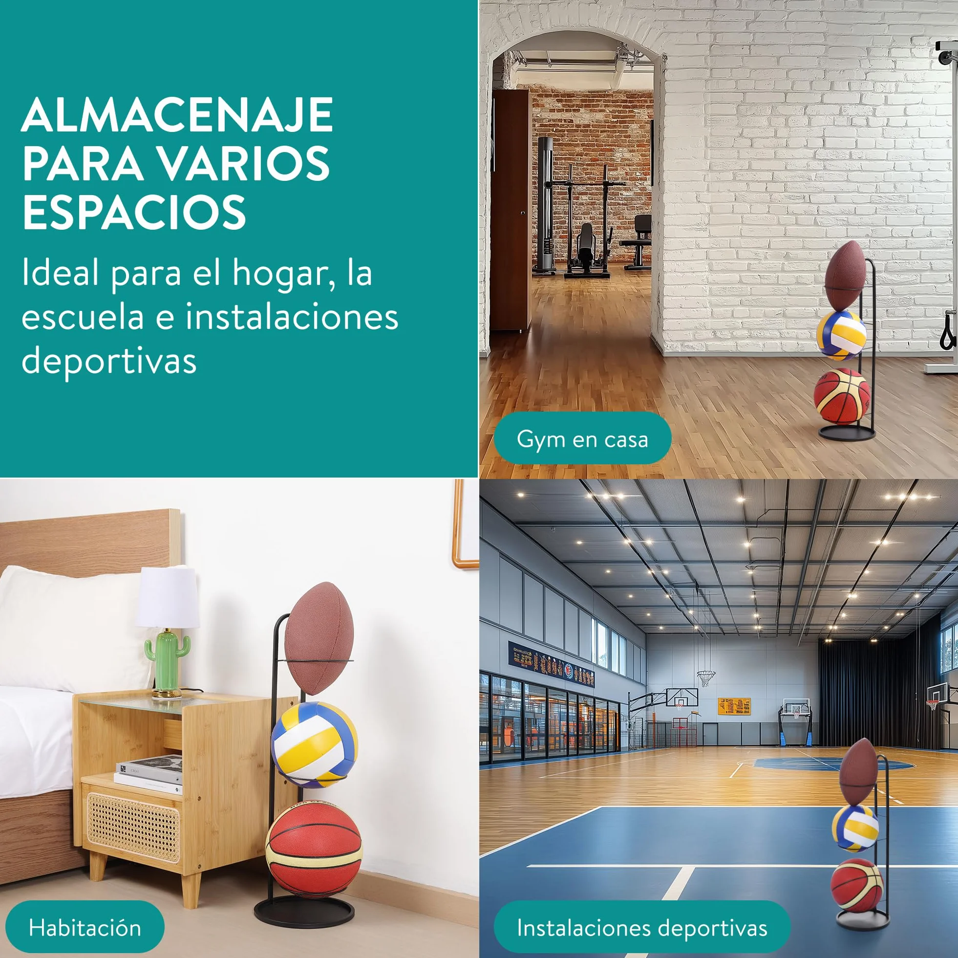 Navaris Soporte Balon Futbol - Soporte Balones Futbol Voleybol Balonmano Baloncesto - Soporte para 3X Pelotas para Garajes Gimnasio Pabellon Colegio Fisioterapia Rehabilitación