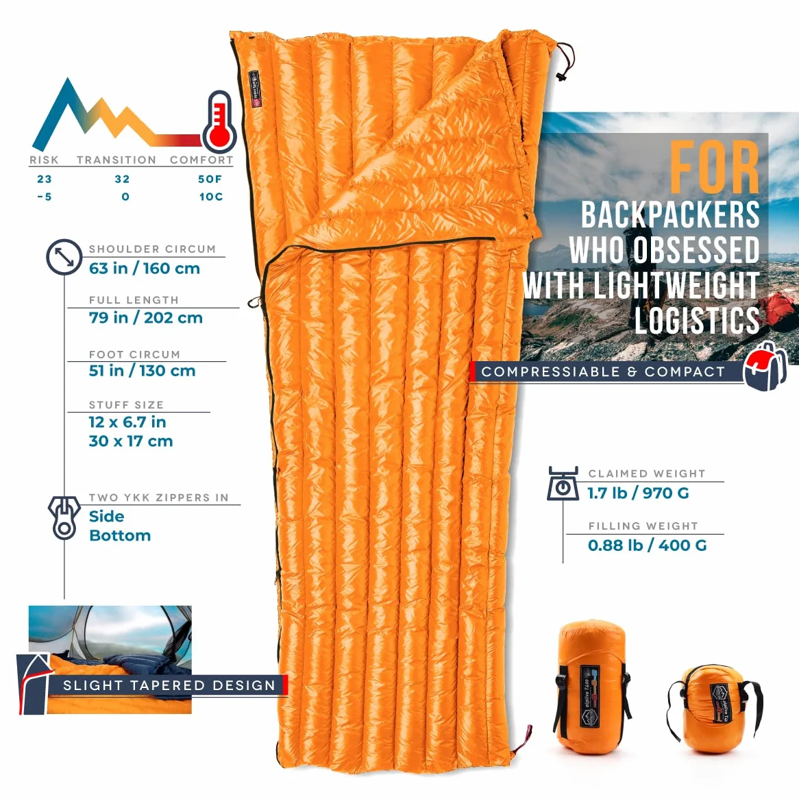 ZOOOBELIVES Alplive T400 - Saco de Dormir Ultraligero para mochilero, 800 ml, Ultra Compacto, Potencia de Relleno 650, Saco de Dormir Tipo sobre para Senderismo, Camping y Campo, Ligero y Compacto