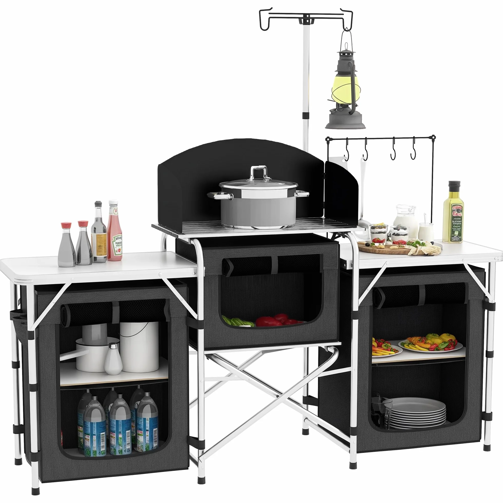 Outsunny Cocina de Camping Plegable, Armario de Camping de 3 Estantes con 5 Estantes Internos, 4 Ganchos y Bolsa de Transporte, Aluminio, MDF y Tejido Oxford, UV50+, 172x48x119 cm, Negro