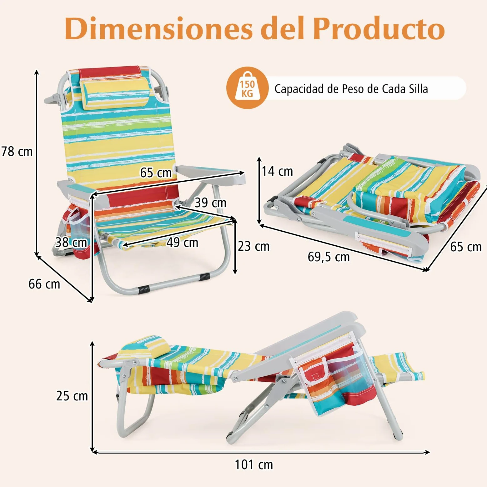 GIANTEX Silla de Playa Plegable con Bolsa de Almacenamiento, Bolsillos Laterales, Reposacabezas y Soporte para Toallas, Respaldo Ajustable 5 Niveles (2, Rayas Coloridas, 65 x 66 x 78 cm)
