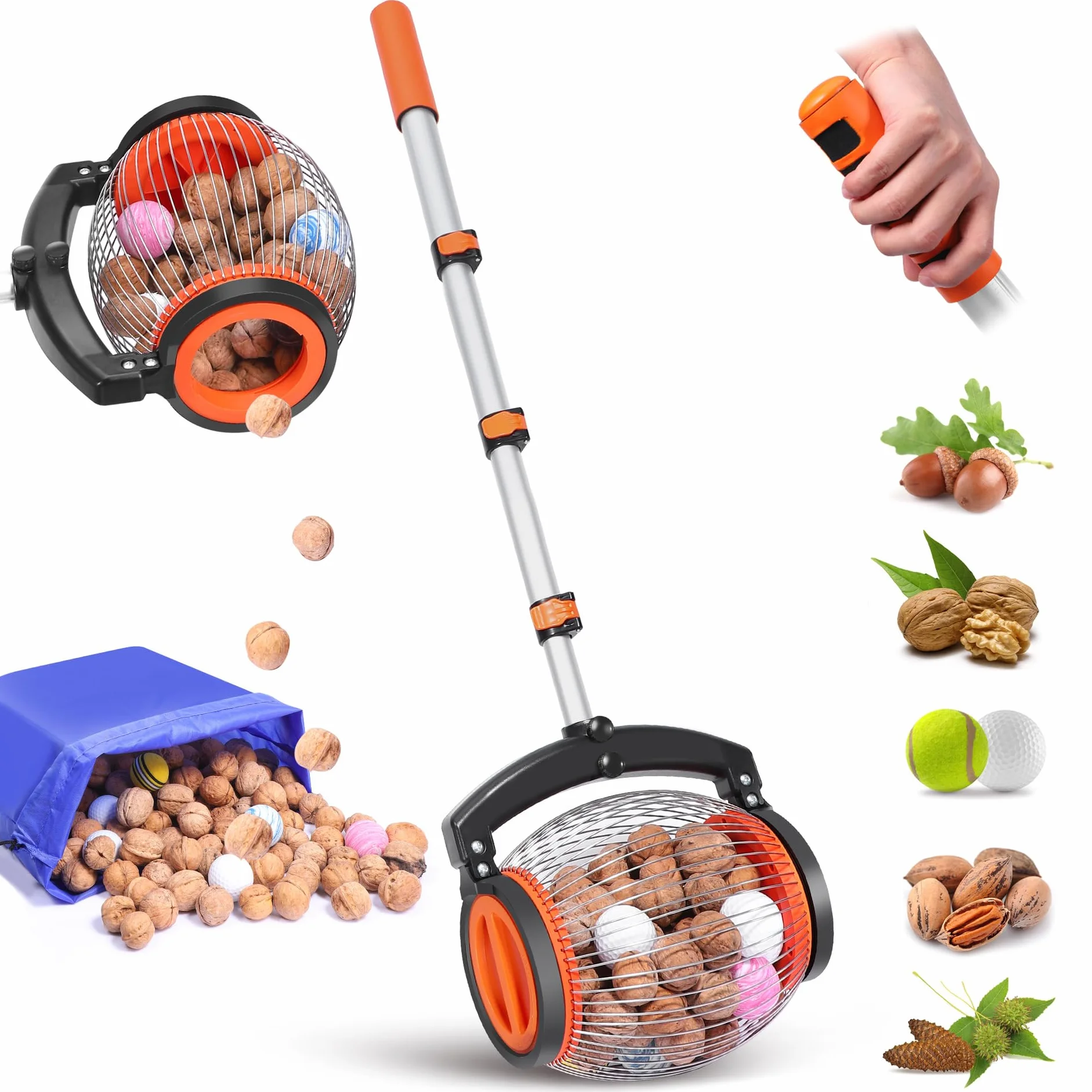 Colector de nueces con mango telescópico 0,75-1,7 pulgadas para bellotas, castañas, nueces y golf