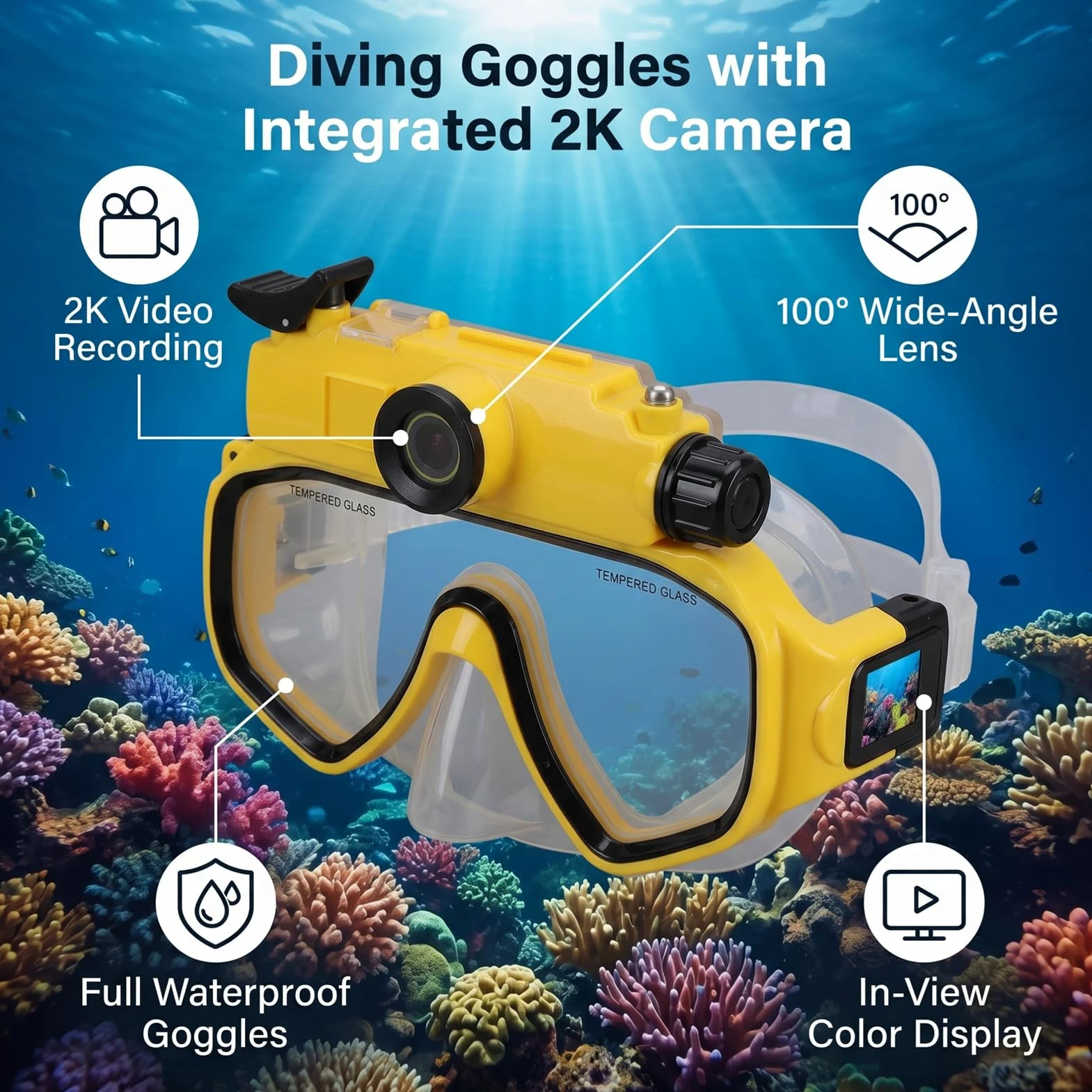 Gafas de Buceo con Cámara, Video 2K, Ángulo Amplio 100 Grados, | Impermeable hasta 15 M, Falda de Silicona, Vidrio Templado, Cámara Subacuática, Compatible con App, Ideal para Snorkel y