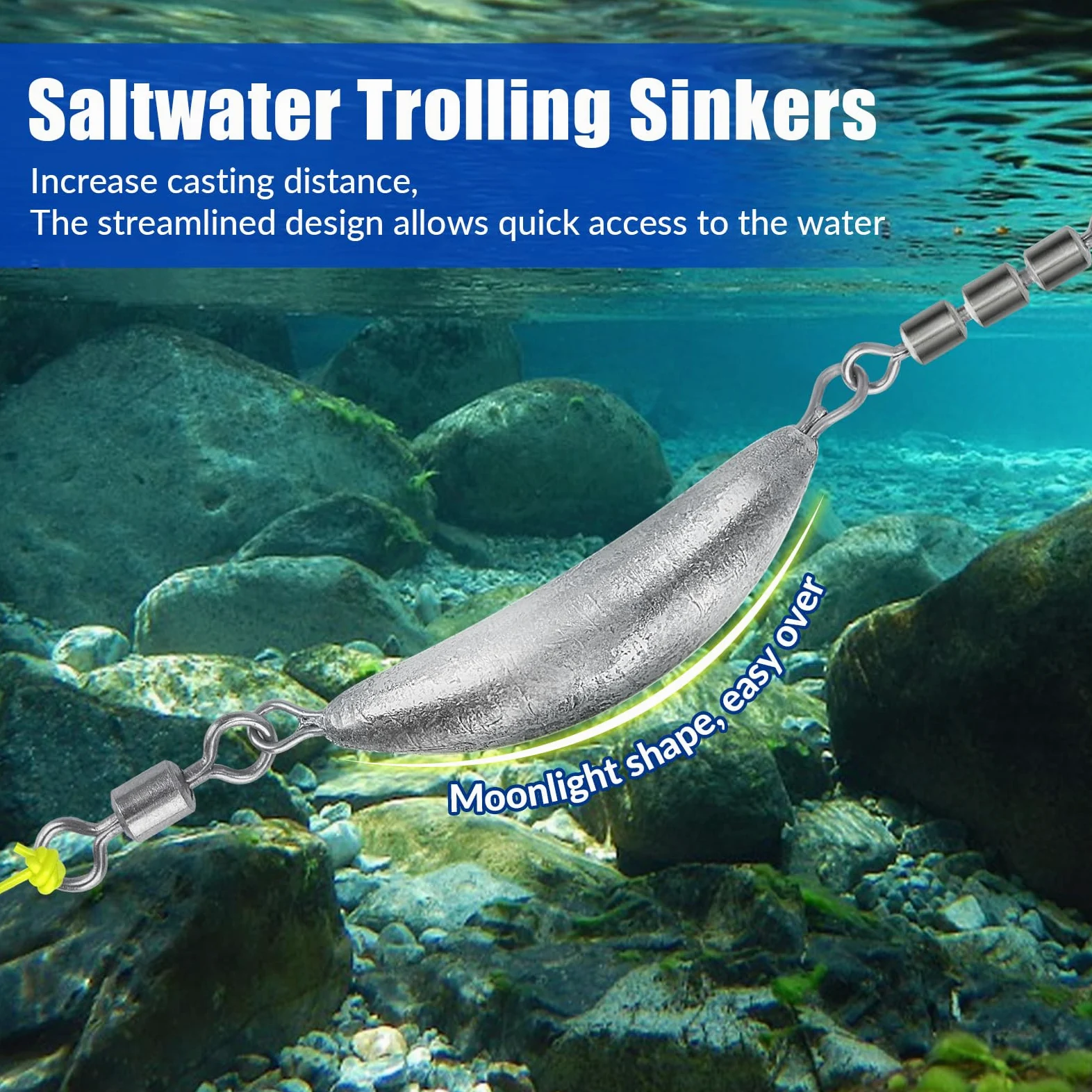 THKFISH Plomo giratorio de pesca, plomos de media luna con 3 rodillos giratorios, plomos de pesca, juego de pesas de pesca en línea, plomos de torpedo, agua dulce salada, 1/2-6 onzas, plateado