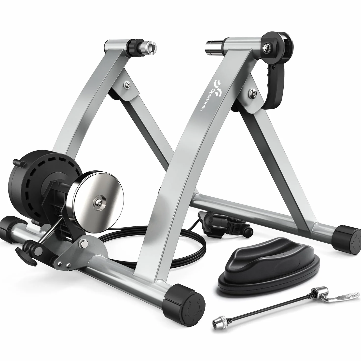 Sportneer Turbo Trainer - Entrenador de bicicleta con 6 ajustes de resistencia para interior, soporte magnético de acero para ejercicio de bicicleta con rueda de reducción de ruido para entrenador de