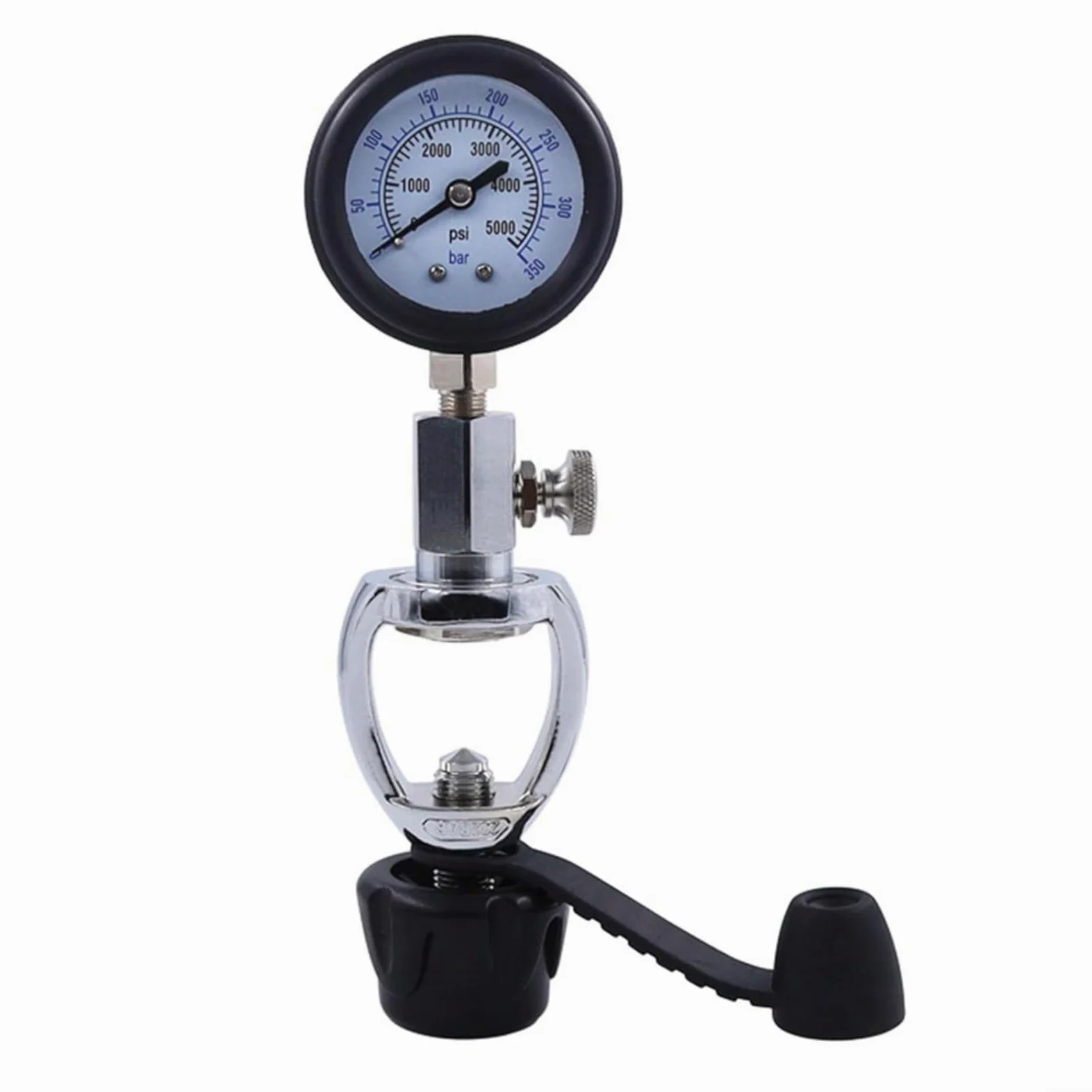 Medidor de cilindro de buceo de 5000 psi con válvula G5/8 con pantalla analógica protegida de goma para tanques de buceo, convertidor de latón compacto para tiendas de buceo, viajes