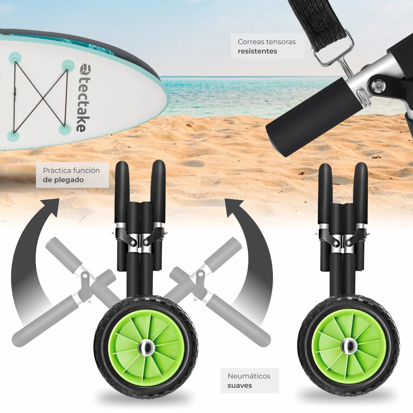 Tectake Carro de Transporte para Tabla de Surf o Padel Surf, Aluminio, 2 Tablas, Ruedas de 24 cm, Negro/Verde