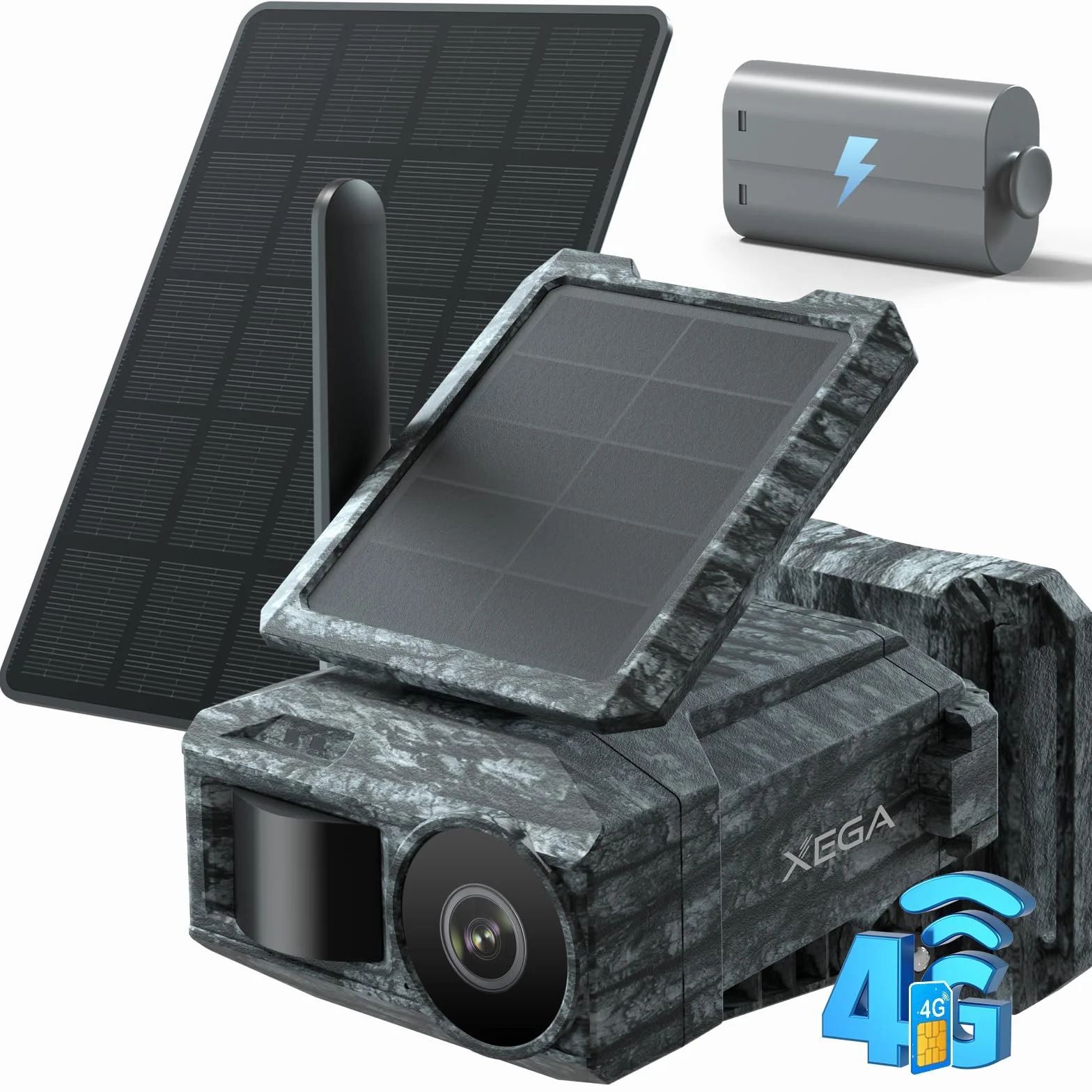 Xega Cámara Solar 4G con Tarjeta SIM 2 Paneles Solares, Fototrampeo Caza Exterior Inalámbrica, Detección de Movimiento, Visión Nocturna Sin Luz, Rotación 220°, Alertas En App (WiFi No Compatible)