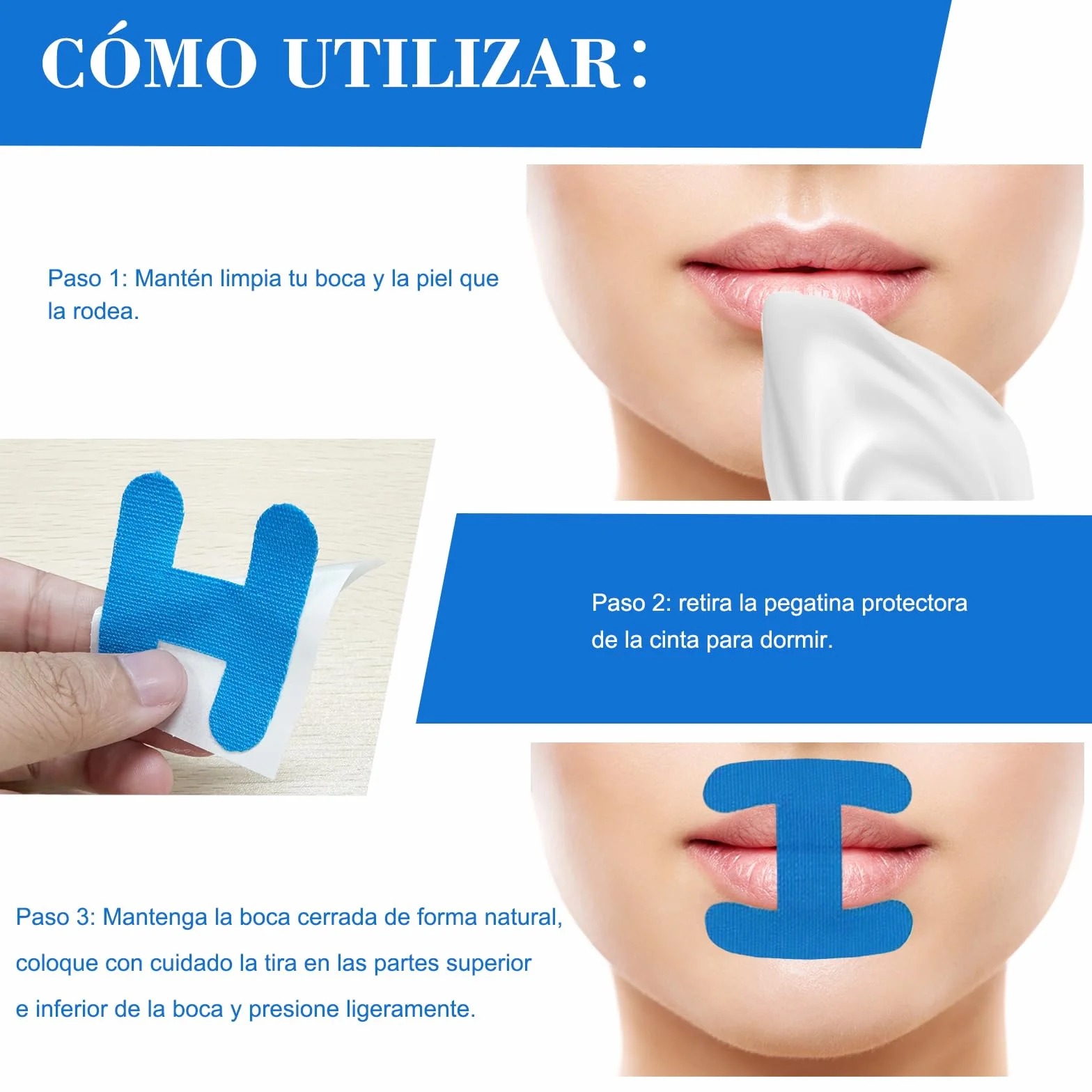 Mouth Tape for Sleeping, Anti Ronquidos Myotape, Cinta Bucal para Dormir, 60 Piezas (Azul-H)