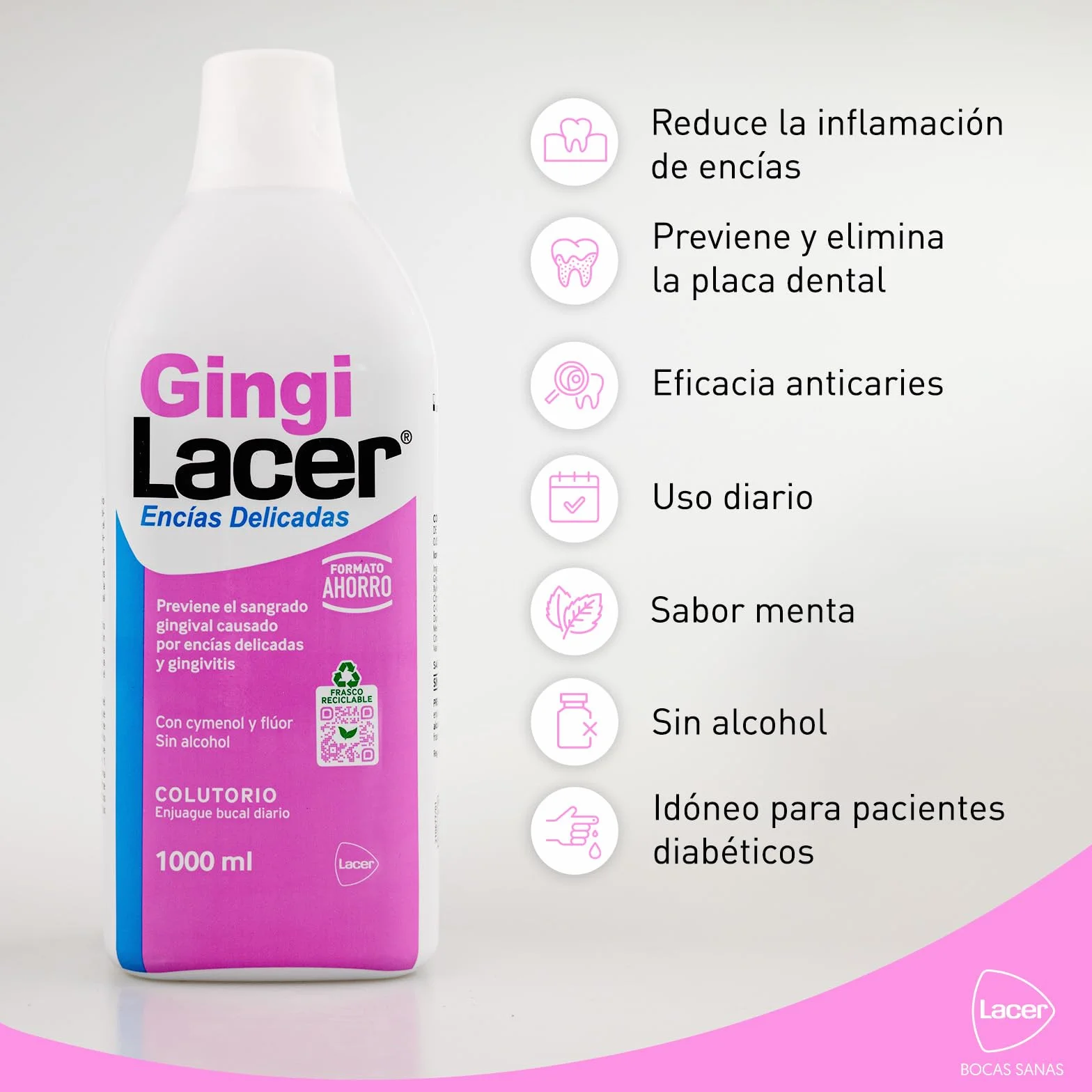 Lacer GINGI Colutorio 1000 ml Enjuague Bucal Previene Caries Placa Dental
