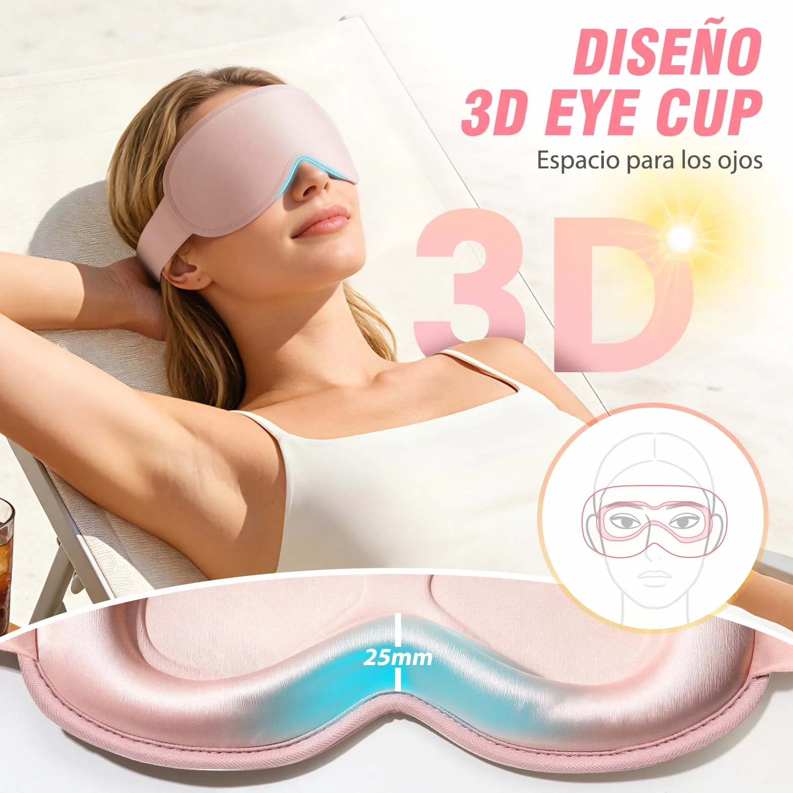 GRIFEMA Antifaz para Dormir 3D Opaco, Máscara sin Presión Ocular, Correa Ajustable, Rosa