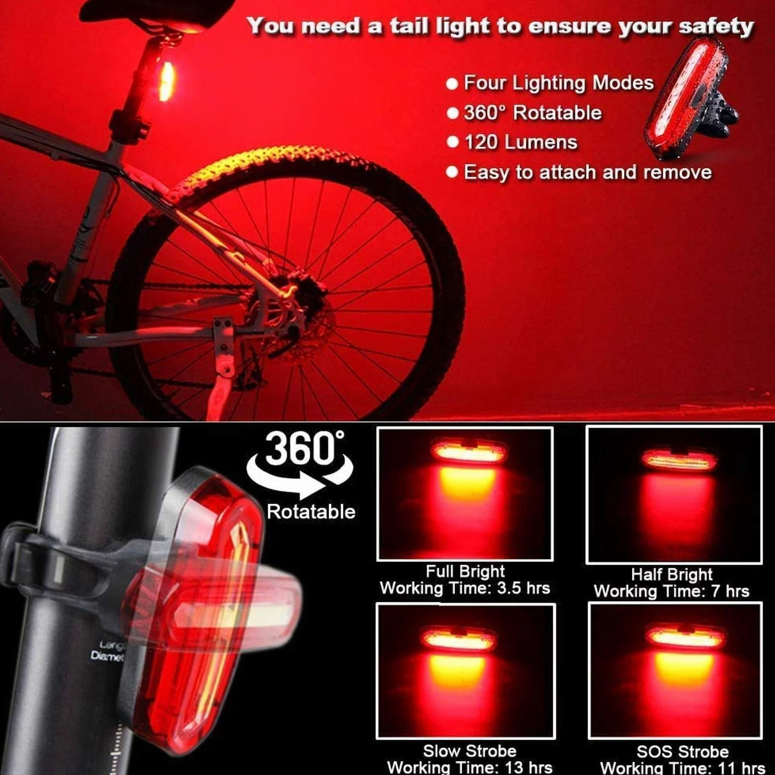 EISTEE Luces de Bicicleta, Luces de Bicicleta, Luces de Bicicleta, Juego de Luces de Bicicleta Recargables por USB, Faro y Cola de Bicicleta superbrillantes