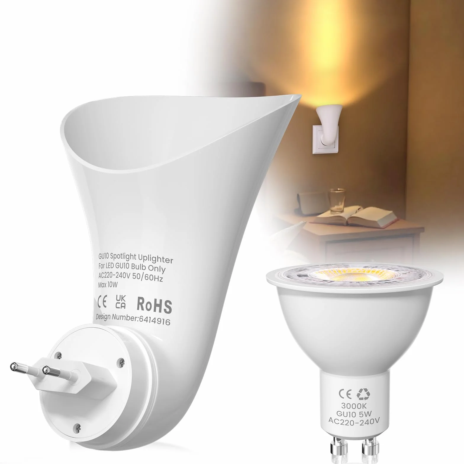 GU10 LED Aplique de Pared con Enchufe, Foco Uplighter, Luz Cálida 3000K