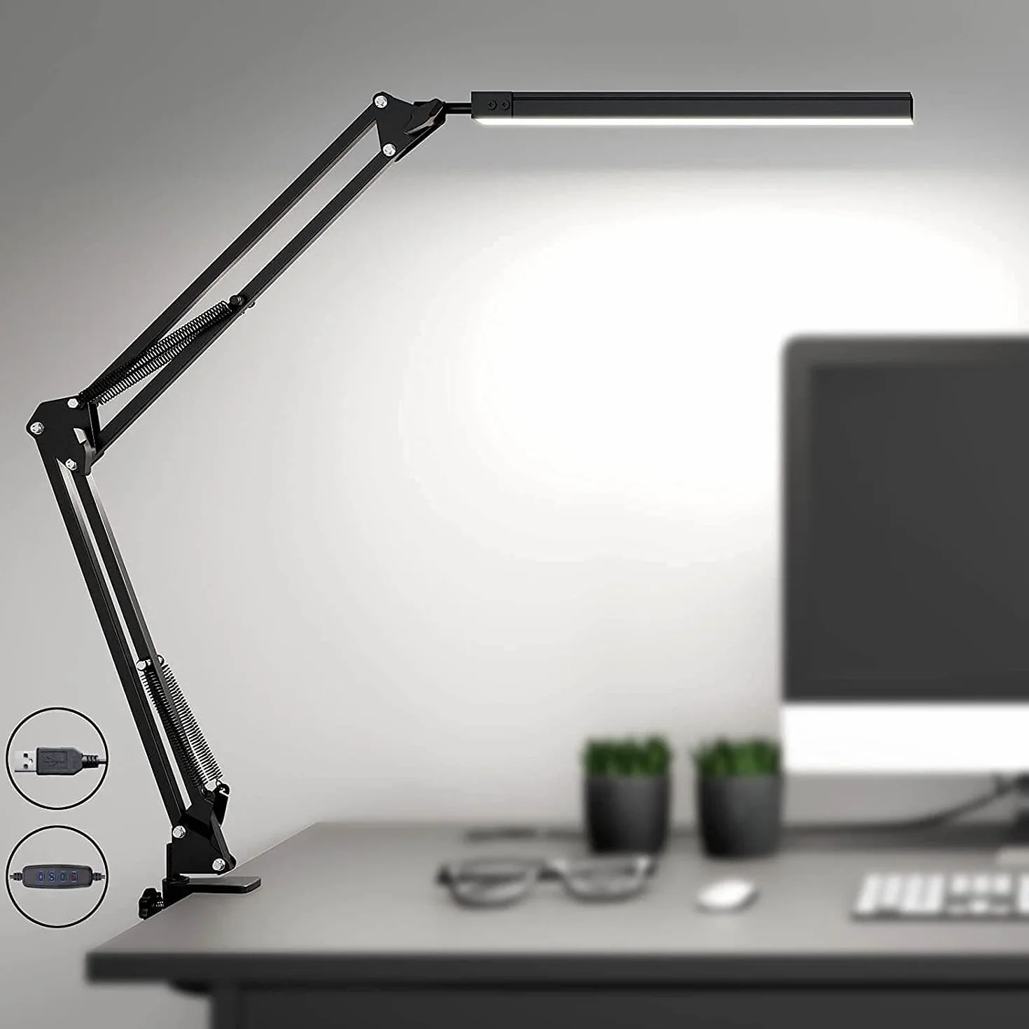 SKYLEO Lámpara Escritorio LED Flexo con Clip, Protección Ocular, 3 Modos de Luz, 10 Niveles de Brillo, Negro