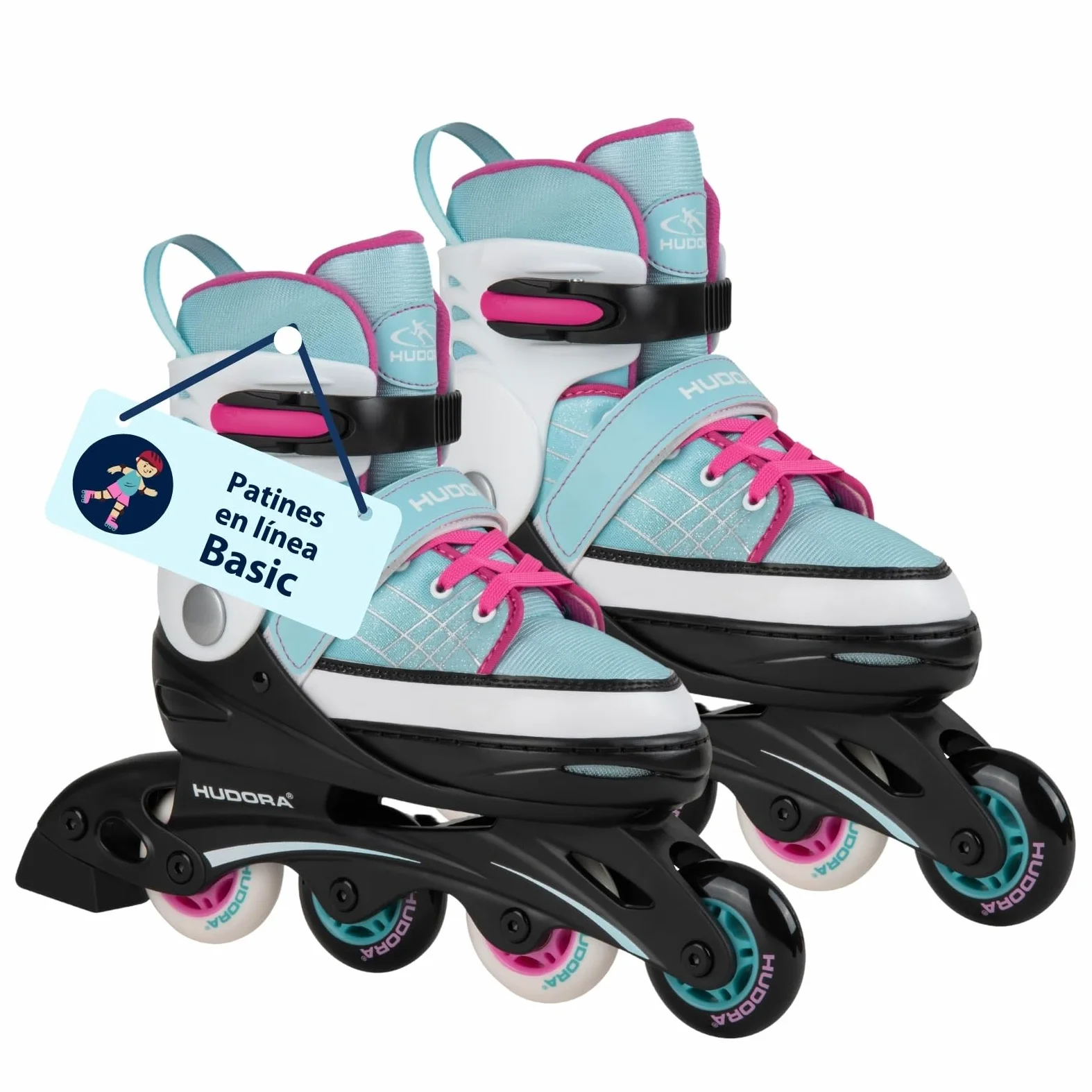 HUDORA Kids Inline Skates Basic | Patines en línea para niñas y niños, Ajustables en 4 Tallas | Fácil Entrada Gracias a la Correa de Potencia y la Hebilla de Cierre a presión
