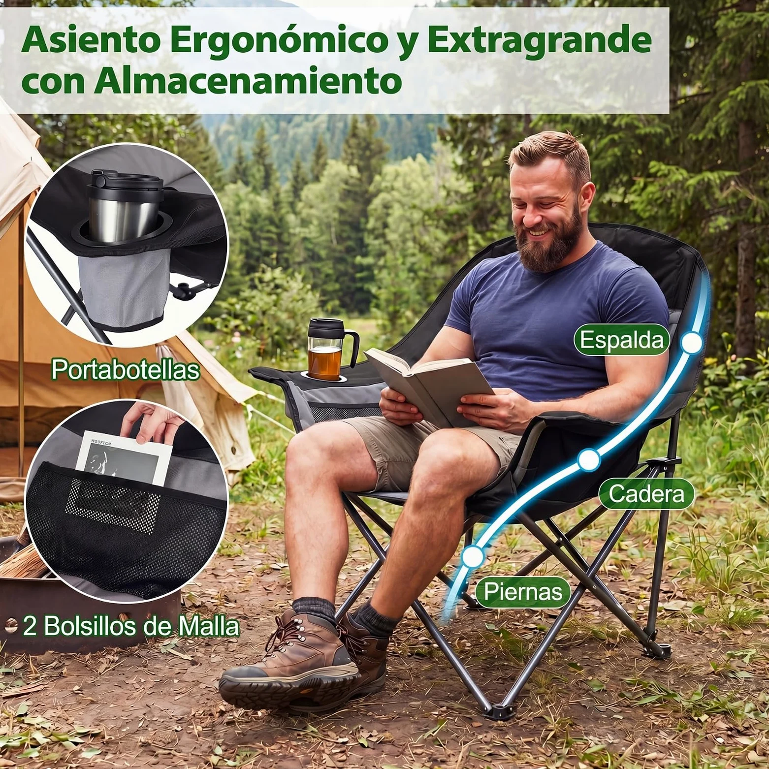 COSTWAY Silla de Camping Extragrande y Acholchada, Silla Plegable Portátil con Bolsillos Laterales, Portavasos, Bolsa de Transporte, Playa Pesca, Carga 225 kg,72 x 104 x 93 cm (Gris)