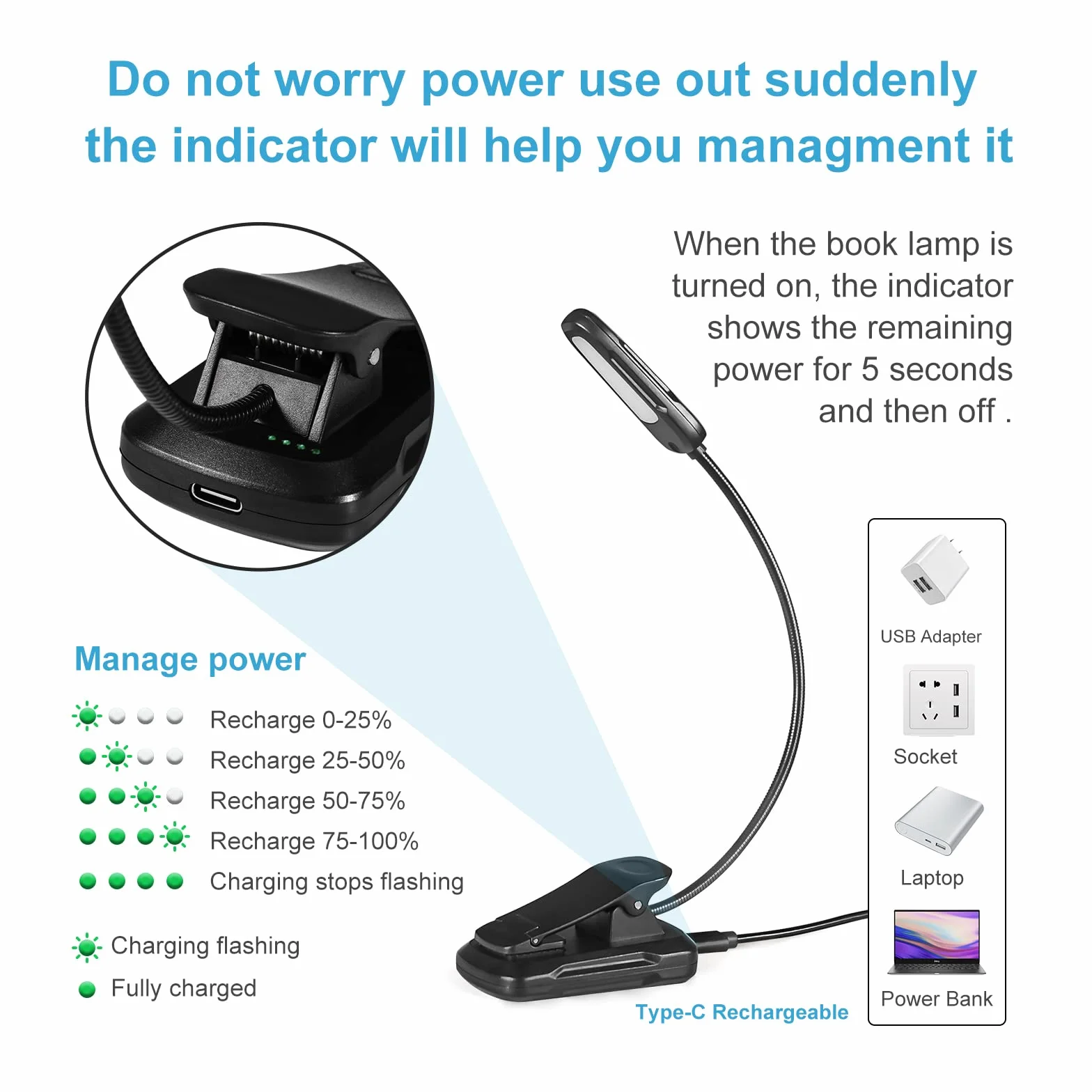 Diboniur Lampara Libro Lectura USB Recargable 3 Modos Luz para Leer