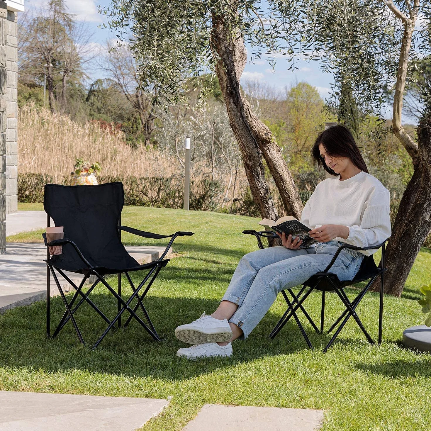 Baroni Set de 4 Piezas Sillas de Camping Plegable para Exterior, Jardín, Pesca, Silla de Camping Ligera e Impermeable, Silla de Camping Portátil y Plegable, Color Negro, 50x50x80 cm