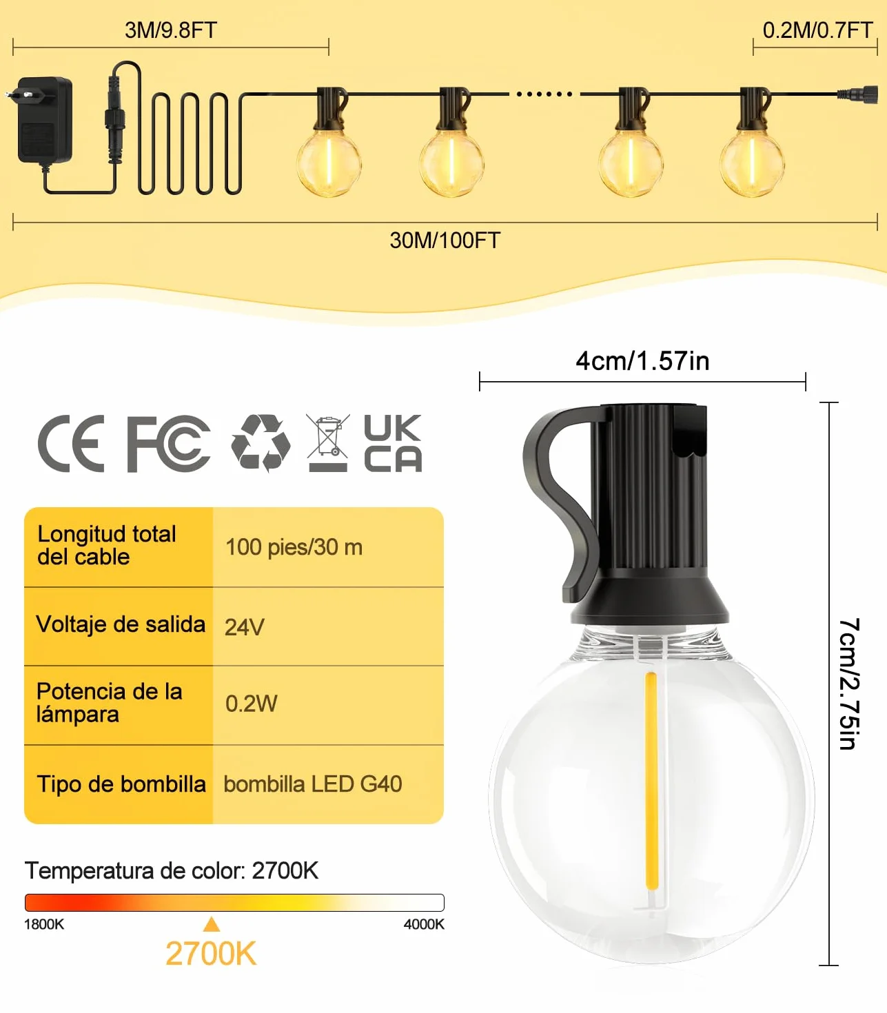 LED Guirnalda Exterior 30M G40 100ft Bombillas Impermeable para Jardin Terraza Decoracion