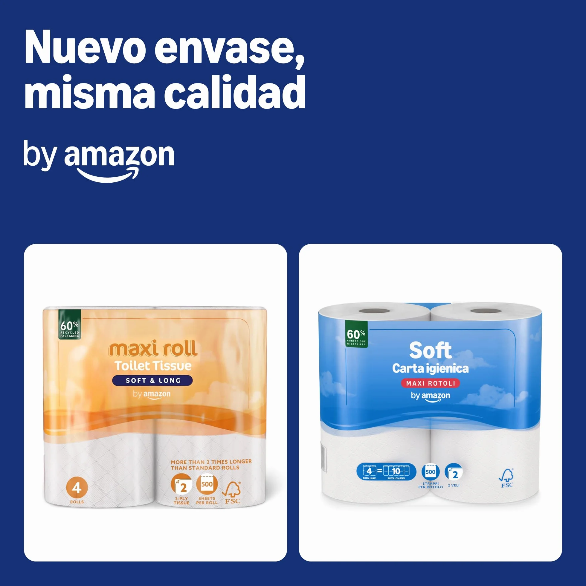 Amazon Papel higiénico Maxi Roll 2 capas 500 desgarros por rollo 4 rollos FSC