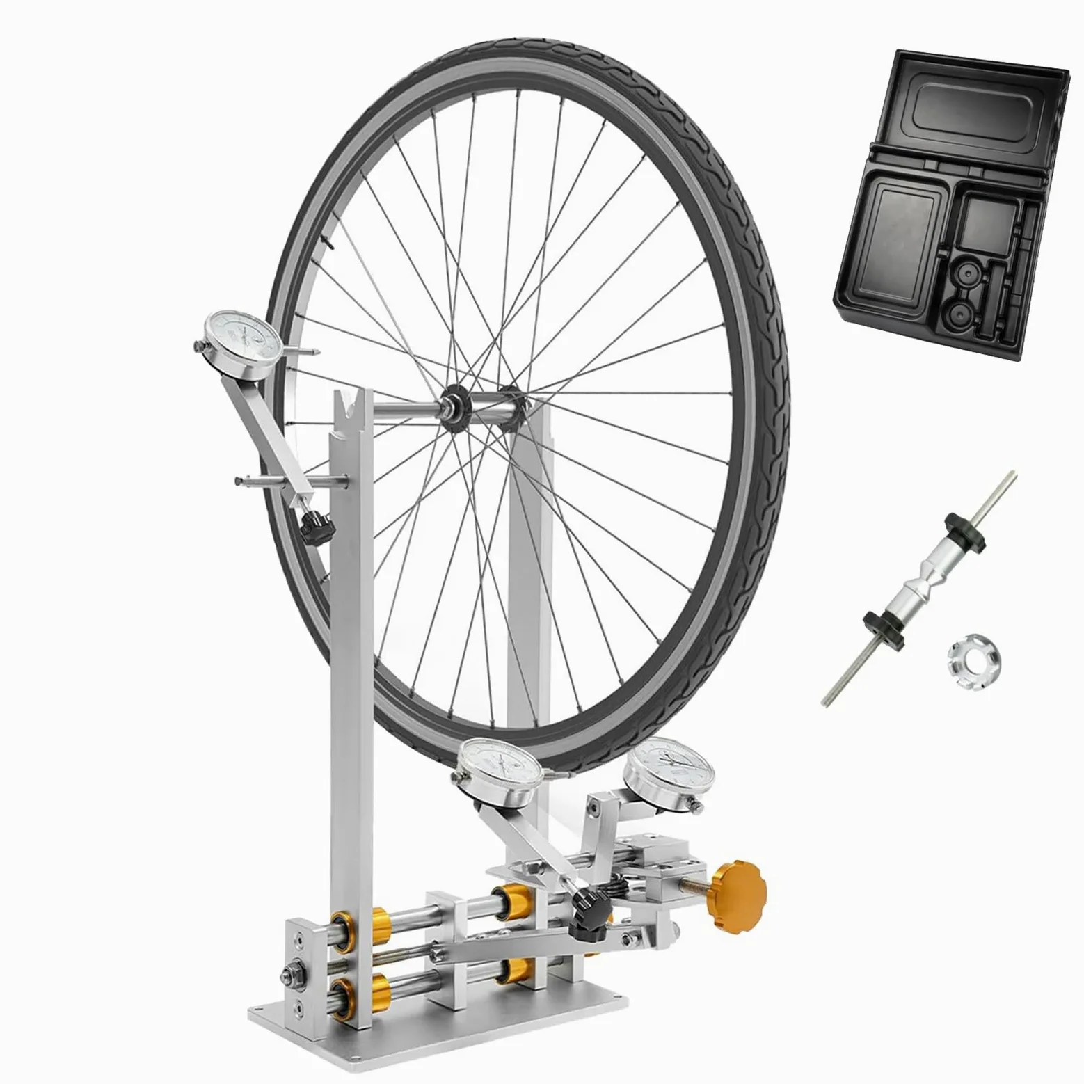 Centrador de Ruedas de Bicicleta, Plataforma de Reparación y Mantenimiento de Bujes con 3 Medidores y Caja de Almacenamiento, Soporte de Aleación de Aluminio para Centrar Rodamientos