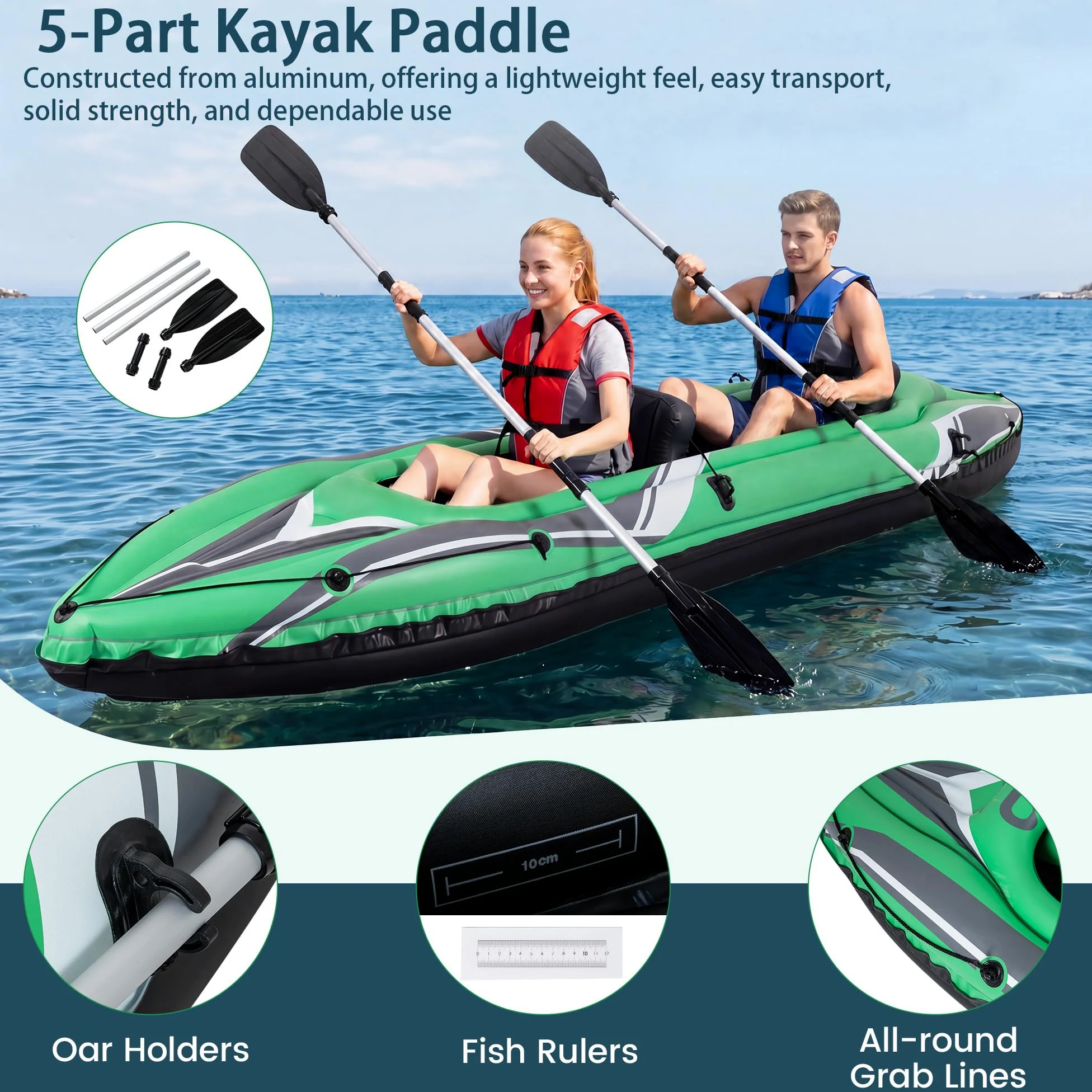 HOMASIS Kayak Hinchable 2 Plazas, para Pesca, Carga 160 kg﻿ | Piragua Hinchable con Remos de Aluminio, Respaldo y Reposapiés Hinchables y Bomba Manual, Kayak Inflable para 2 Personas