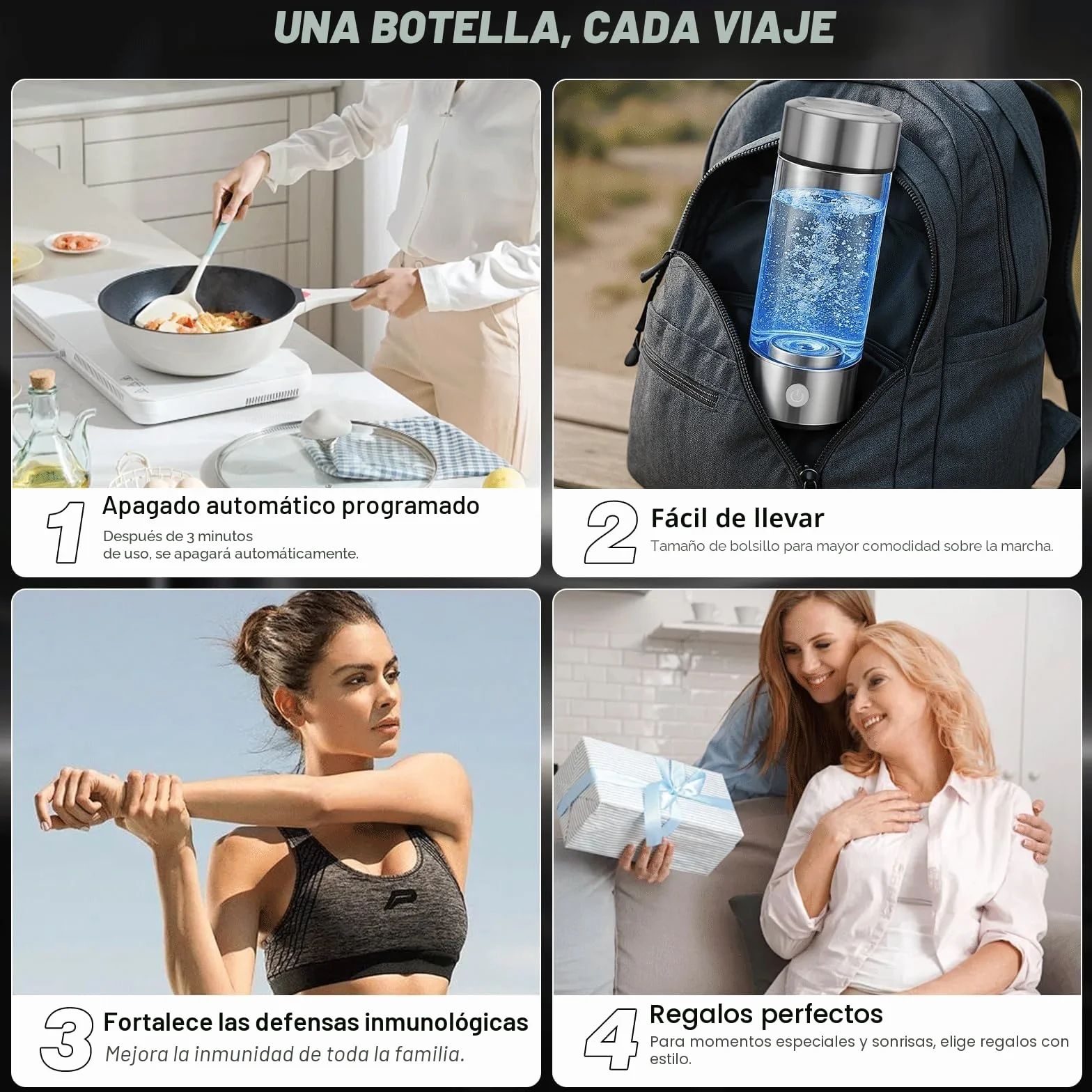 Botella de agua de hidrógeno rica en hidrógeno: tecnología SPE/PEM mejorada, botella portátil recargable de vidrio (adecuada para agua purificada y destilada)