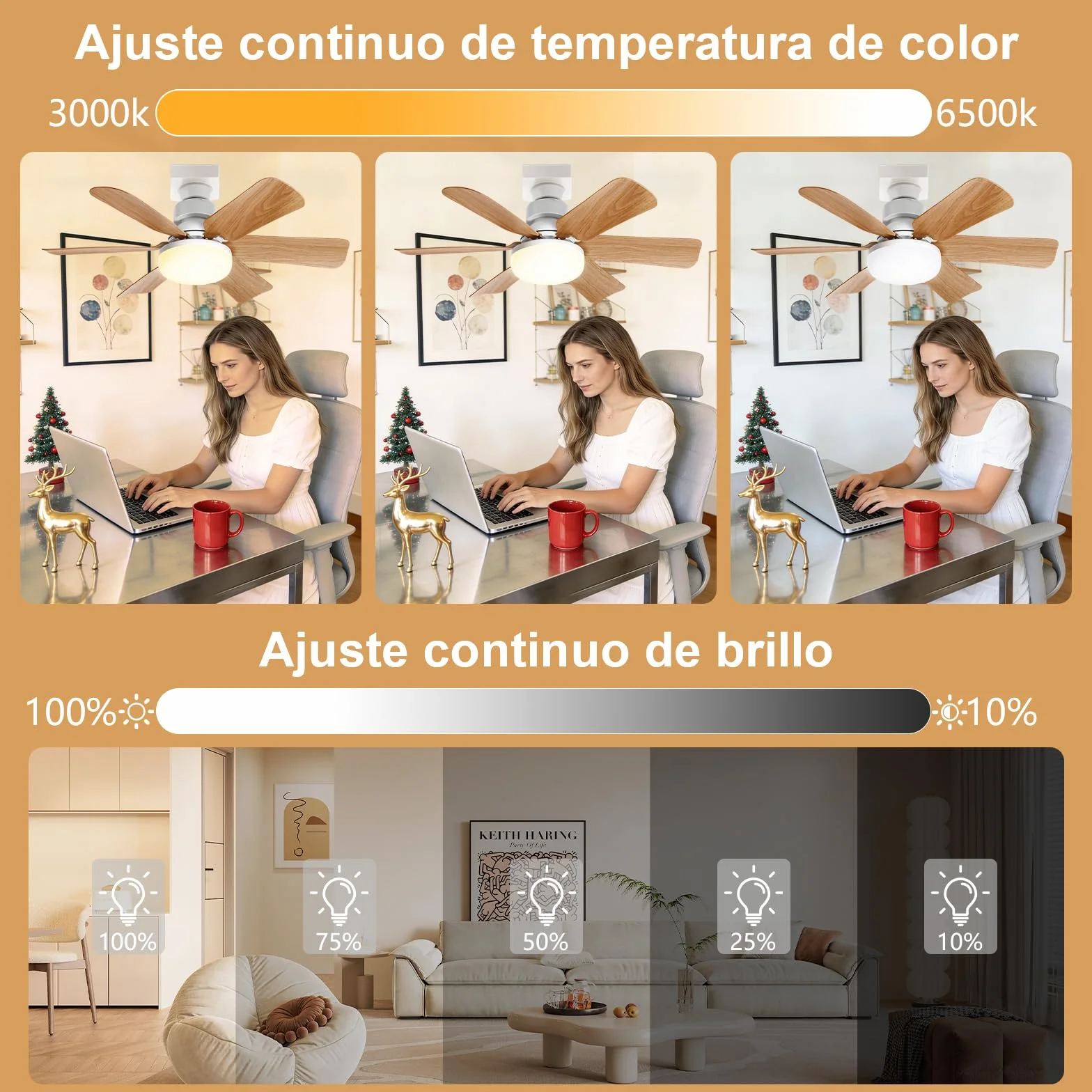Ventilador de Techo con Luz y Mando a Distancia, 51CM, Regulación Continua de Luz, 3 Velocidades, Temperatura de Color Regulable