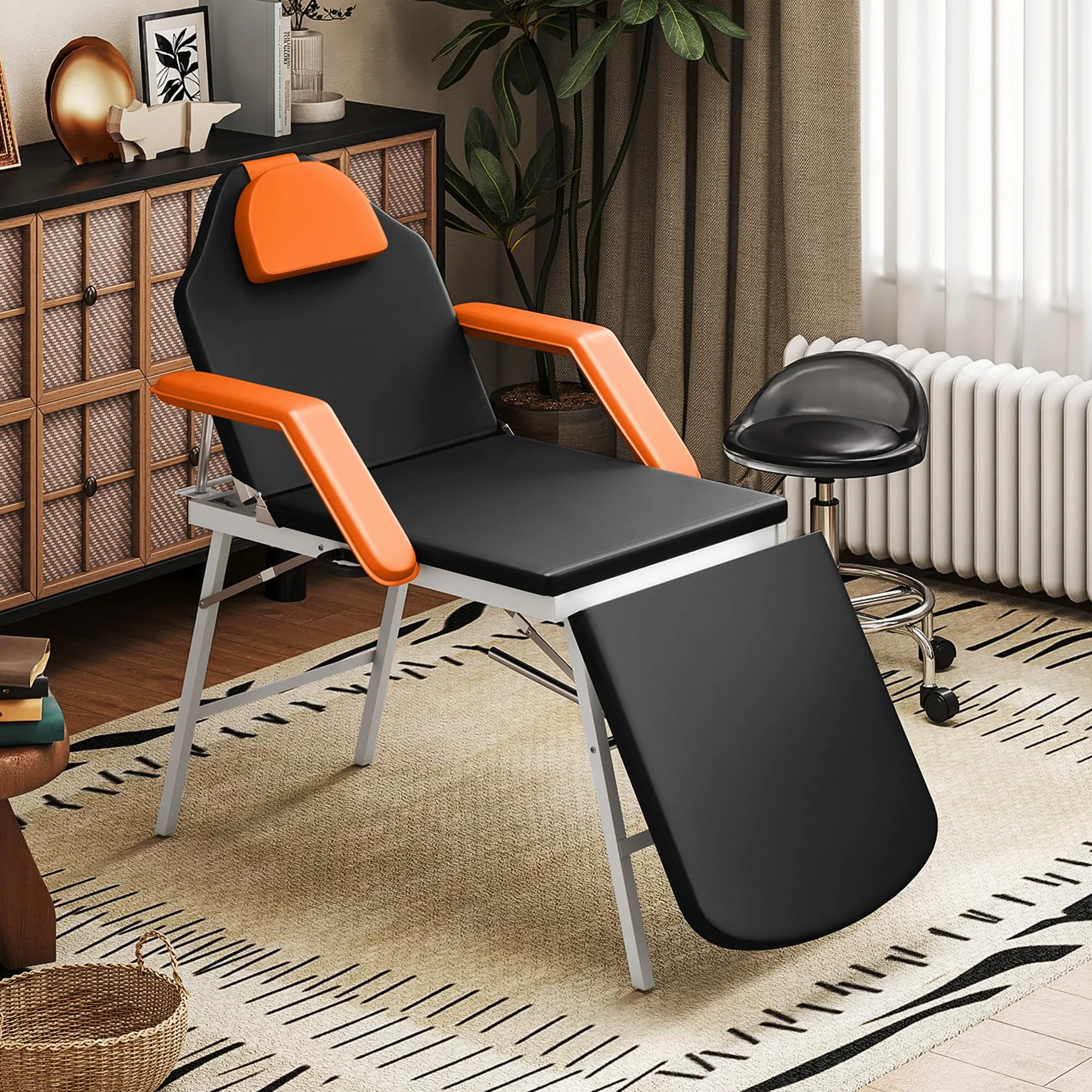 HOMCOM Camilla Masaje Plegable Portátil 3 Zonas Respaldo Soporte Piernas Ajustables Reposacabezas Extraíble Reposabrazos Acolchados SPA 182x82 cm Naranja