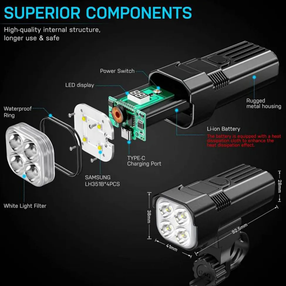 TIORU 5000Mah Luces De Bicicleta USB Recargable Led Bicicleta Luz Trasera Delantera Faro Trasero Conjunto De Luces Traseras Linterna De Ciclismo Accesorios De Bicicleta