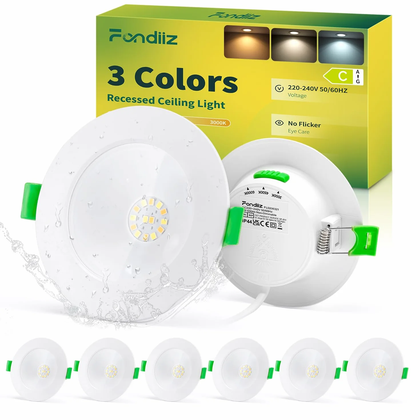 Fondiiz Downlight LED Techo Empotrable 5W 690lm 3000K-6000K IP44 Corte 75mm-90mm 6 Pack