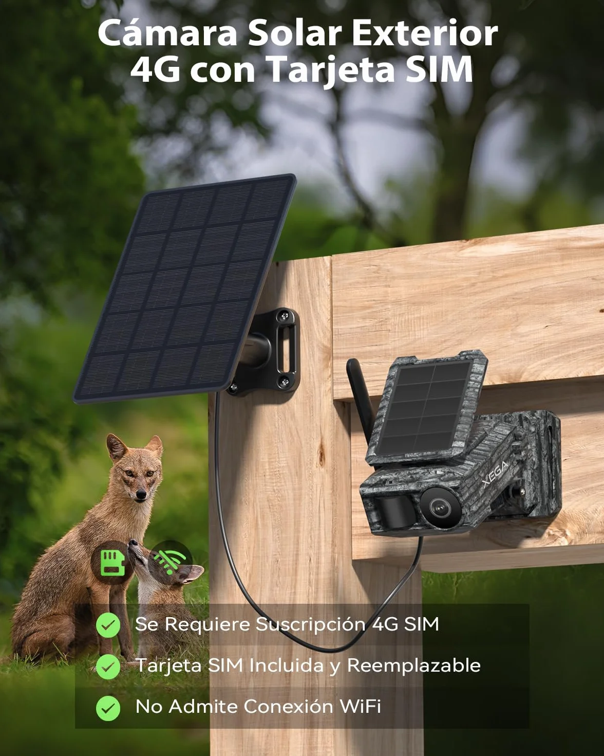 Xega Cámara Solar 4G con Tarjeta SIM 2 Paneles Solares, Fototrampeo Caza Exterior Inalámbrica, Detección de Movimiento, Visión Nocturna Sin Luz, Rotación 220°, Alertas En App (WiFi No Compatible)