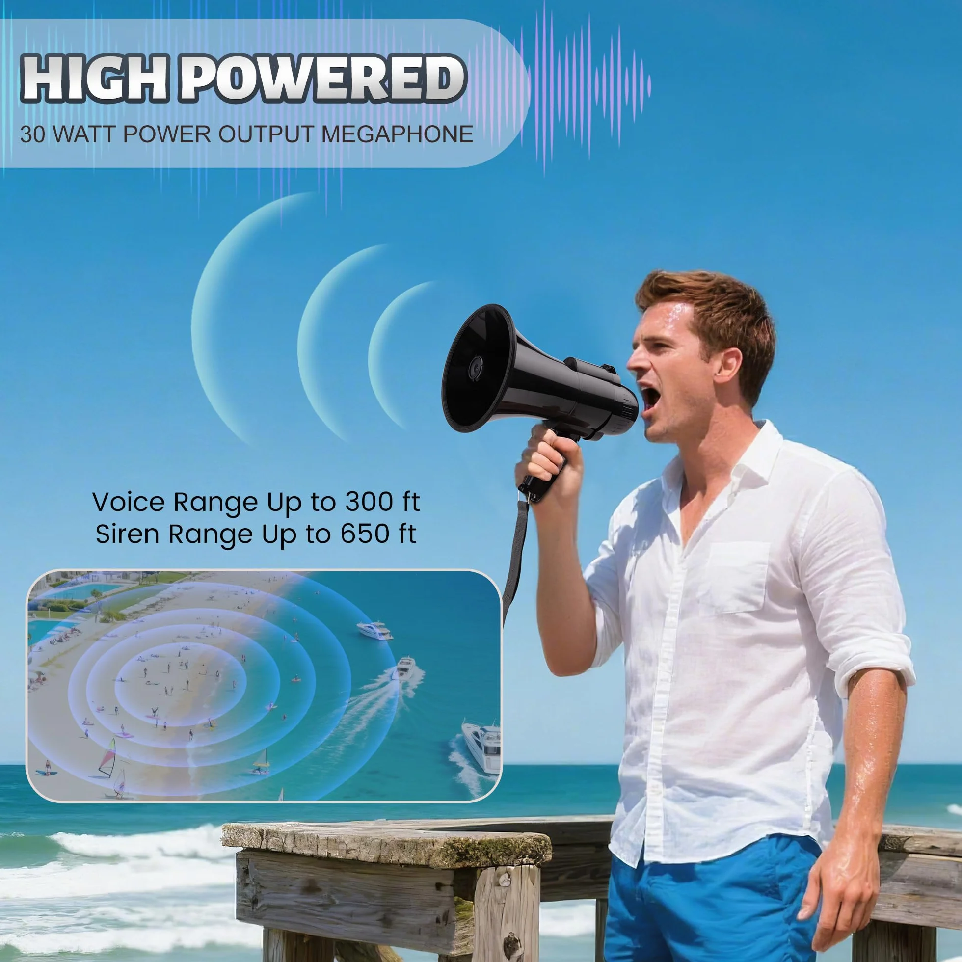 Megáfono Bullhorn 30W portátil altavoz voz sirena alarma grabación 240S control volumen correa negro
