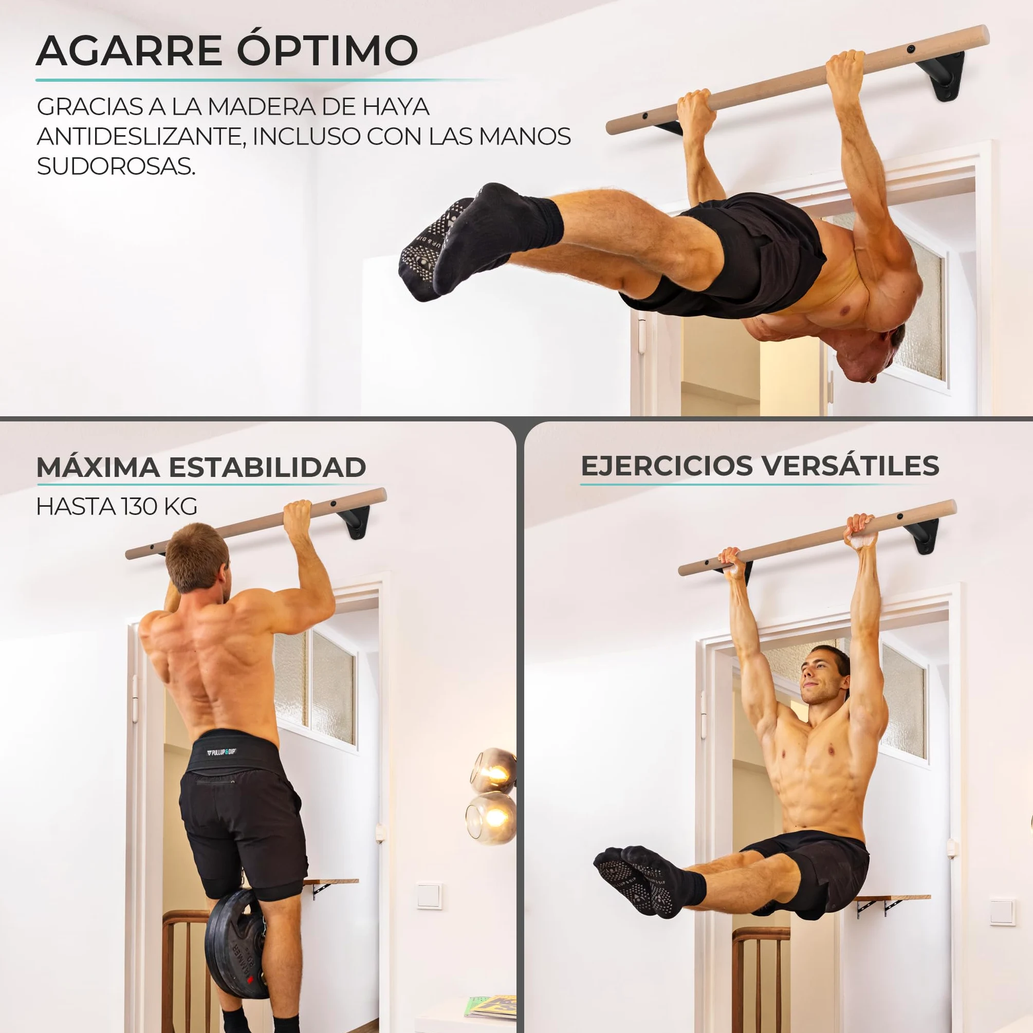 PULLUP & DIP barra de dominadas de madera de haya – para montar en pared sobre el marco de la puerta – barra de 40 mm para dominadas y fuerza de agarre – barra de pared para gimnasio en casa