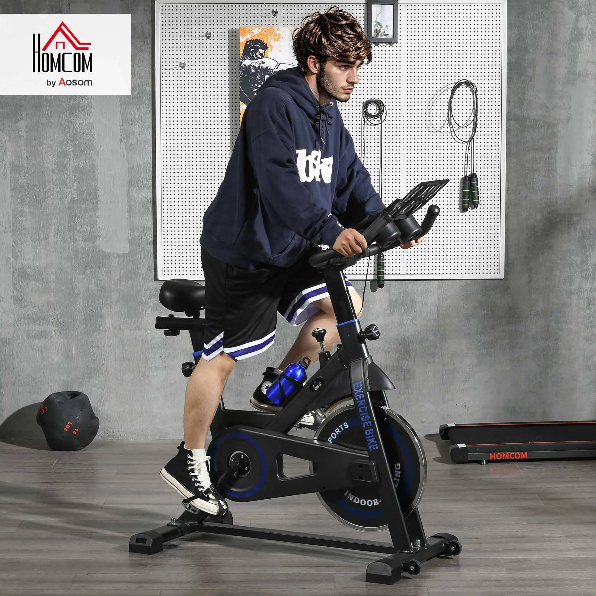 HOMCOM Bicicleta Estática con Resistencia Regulable Bici Estática Bicicleta de Fitness con Volante de Inercia 8 kg Pantalla LCD Manillar y Asiento Ajustable para Casa Gimnasio Azul