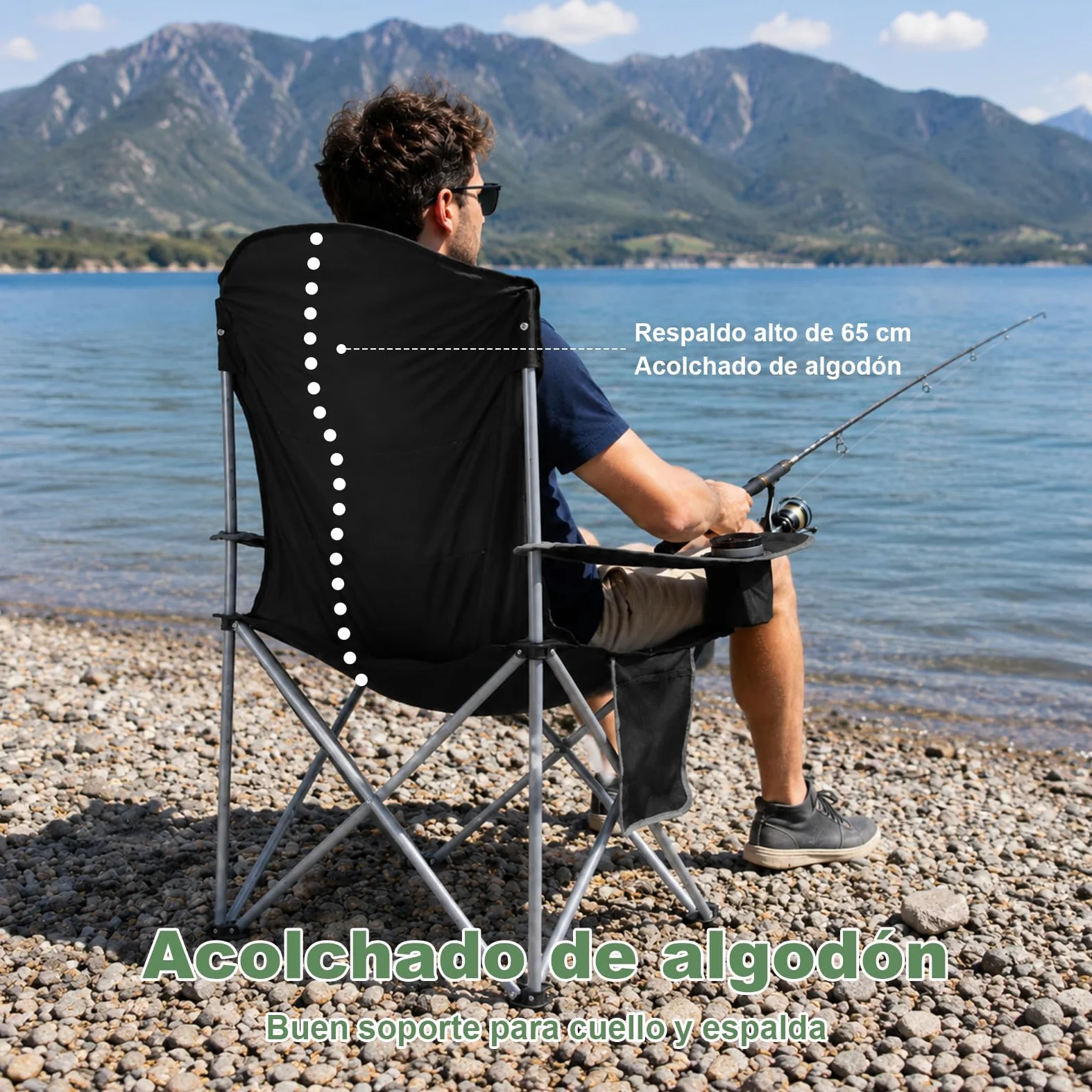 Silla de Camping Plegable, Capacidad de Carga 160 kg, Respaldo Alto, Asiento Amplio, Acolchada con Algodón, Silla de Camping XXL Cómoda Silla de Pesca para Acampadas, Festivales, Playa y Jardín