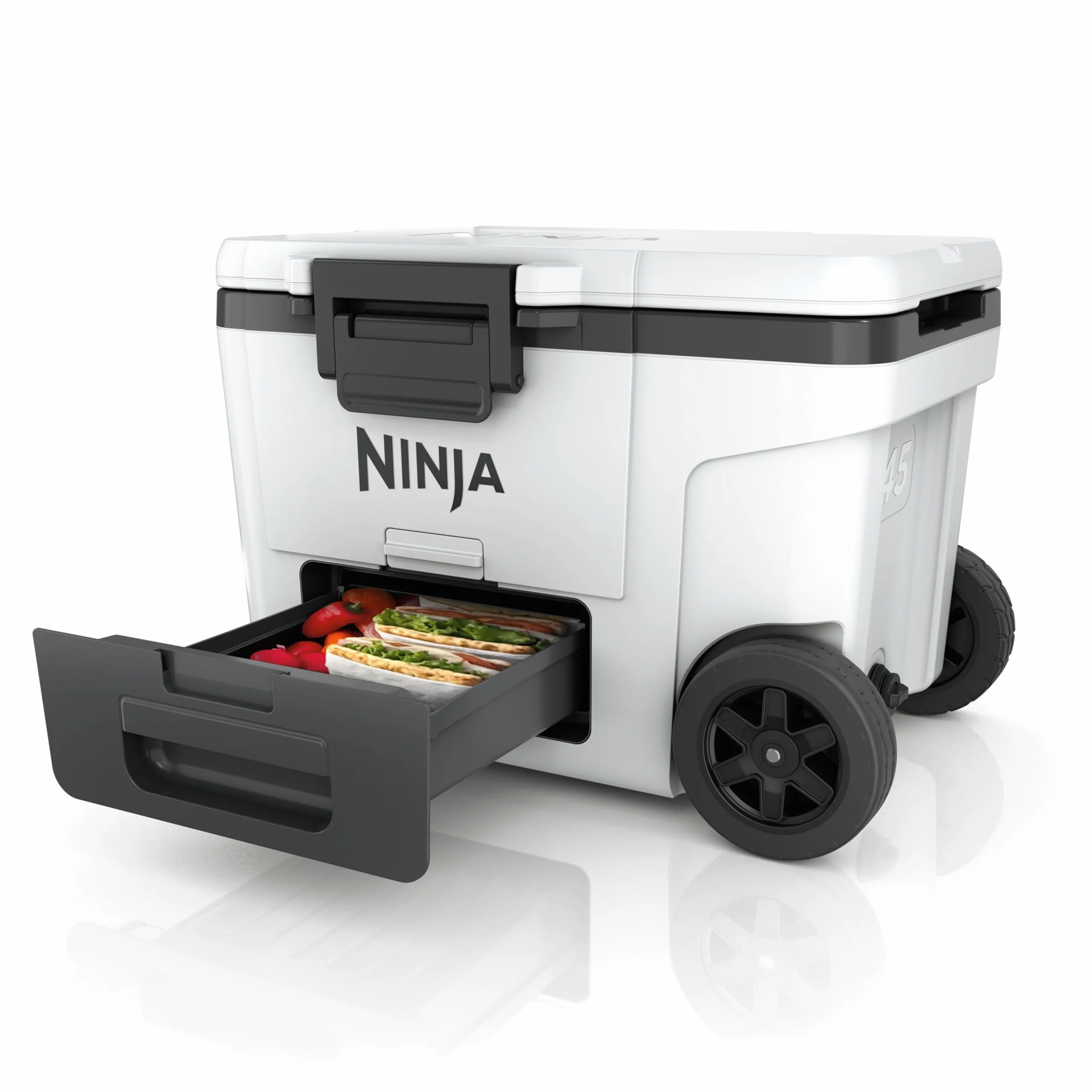Ninja FrostVault, Nevera Portátil Rígida, Blanco Nube, FB245EUWH | Con Ruedas y Cajón Dry Zone Integrado a Temperatura de Frigorífico, Mantiene el Hielo durante Días, Capacidad para 68 Latas