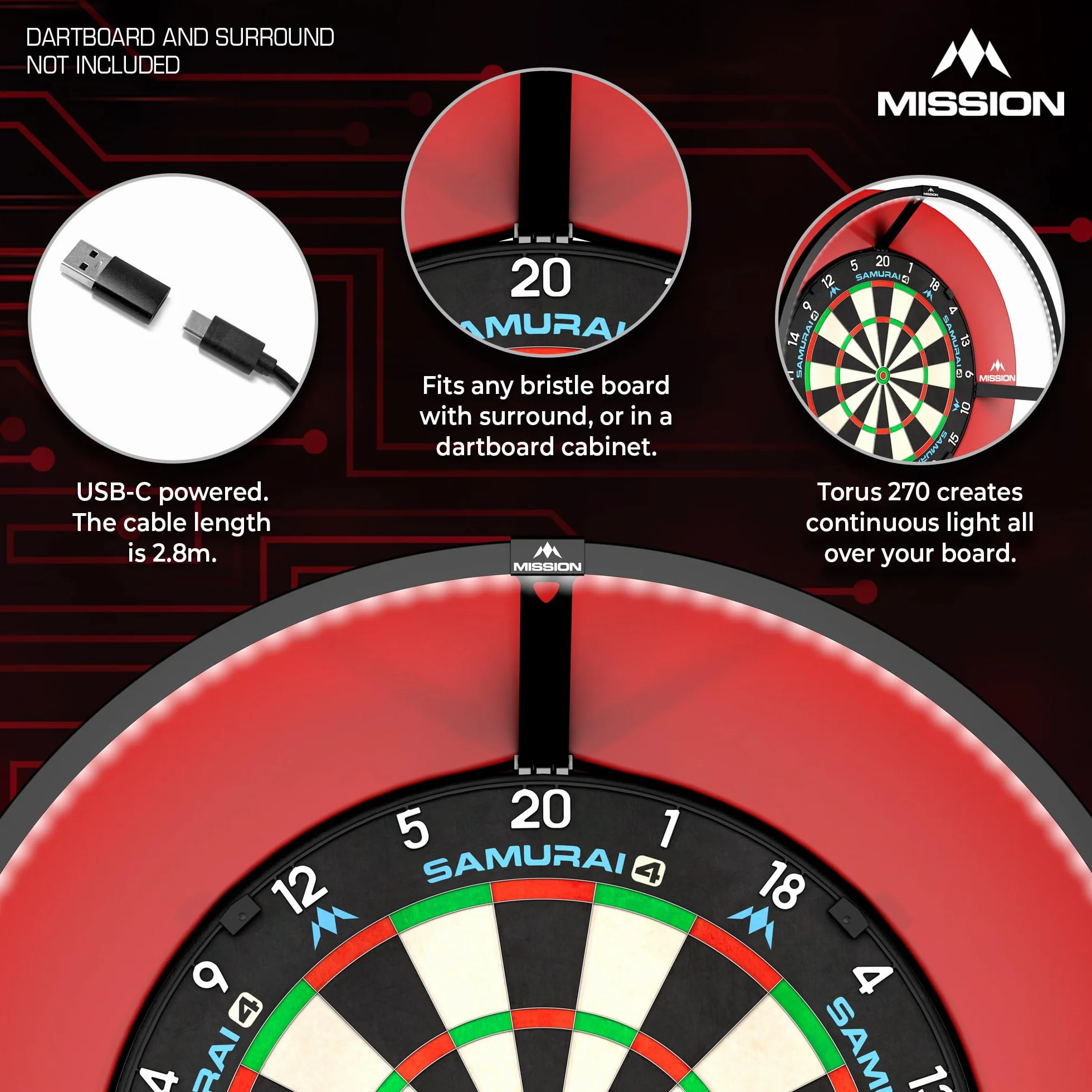 Mission Darts | Torus 120° | LED blanco brillante | Sistema de iluminación de tablero de dardos | Portátil | USB C.