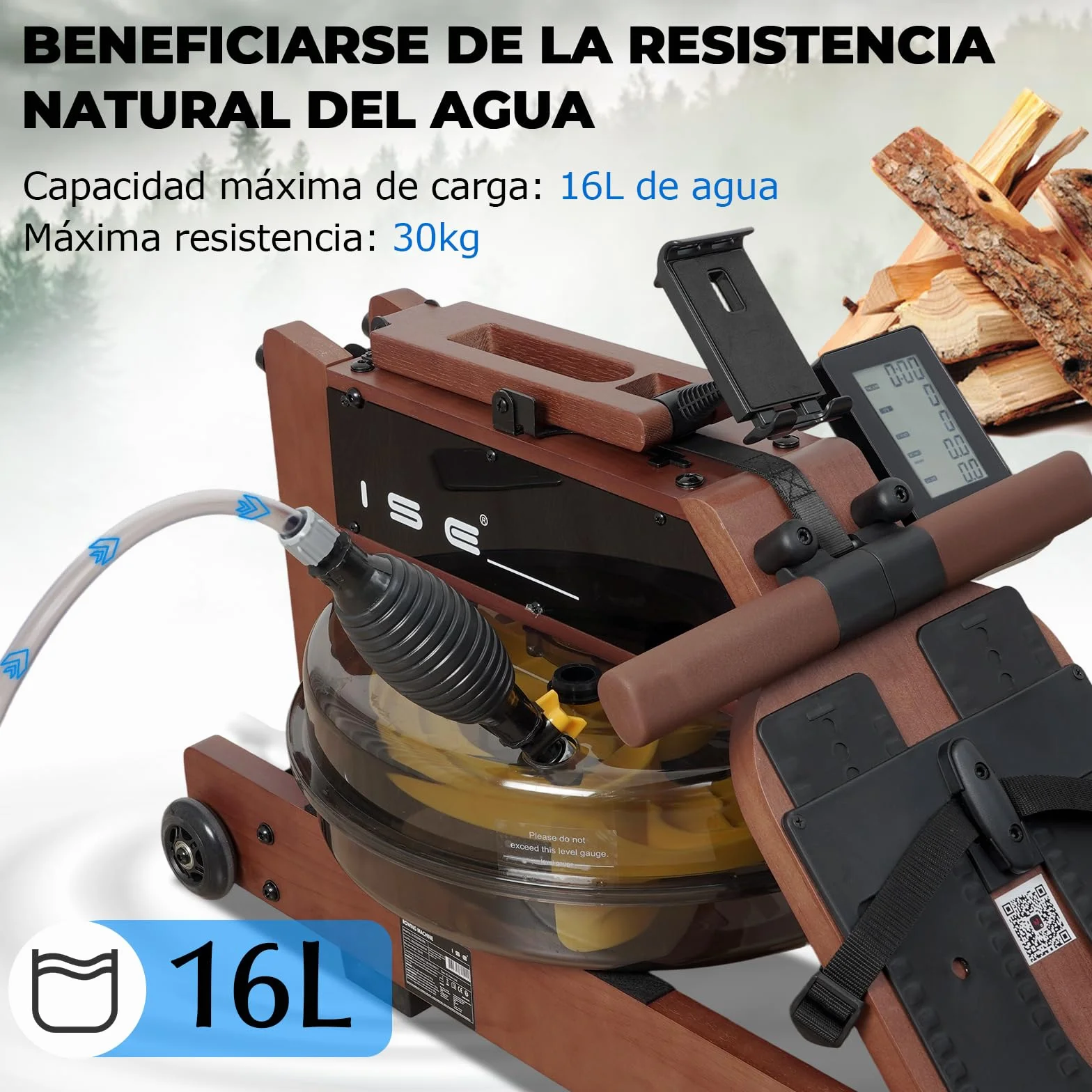 ISE Máquina de Remo de Agua de Madera de Roble, Remeros de Casa con Bomba de Agua Manual, Pantalla LED Ángulo Ajustable, App, Soporte para Tableta
