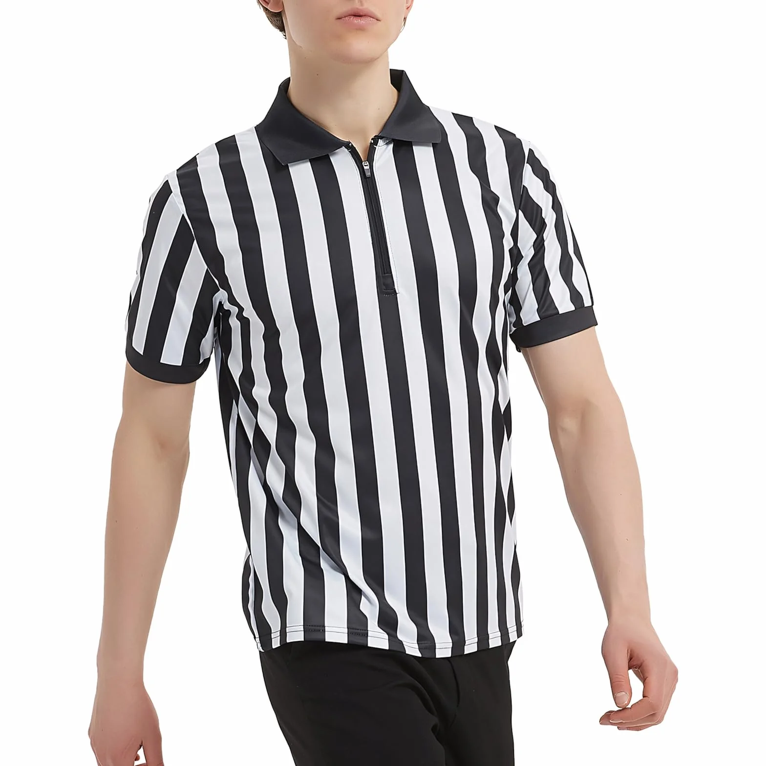 TopTie Camisetas árbitro Disfraz árbitro Personaliza Camiseta Polo T-Shirts Manga Corta con Cremallera 1/4 Camiseta Rayas Negras y Blancas