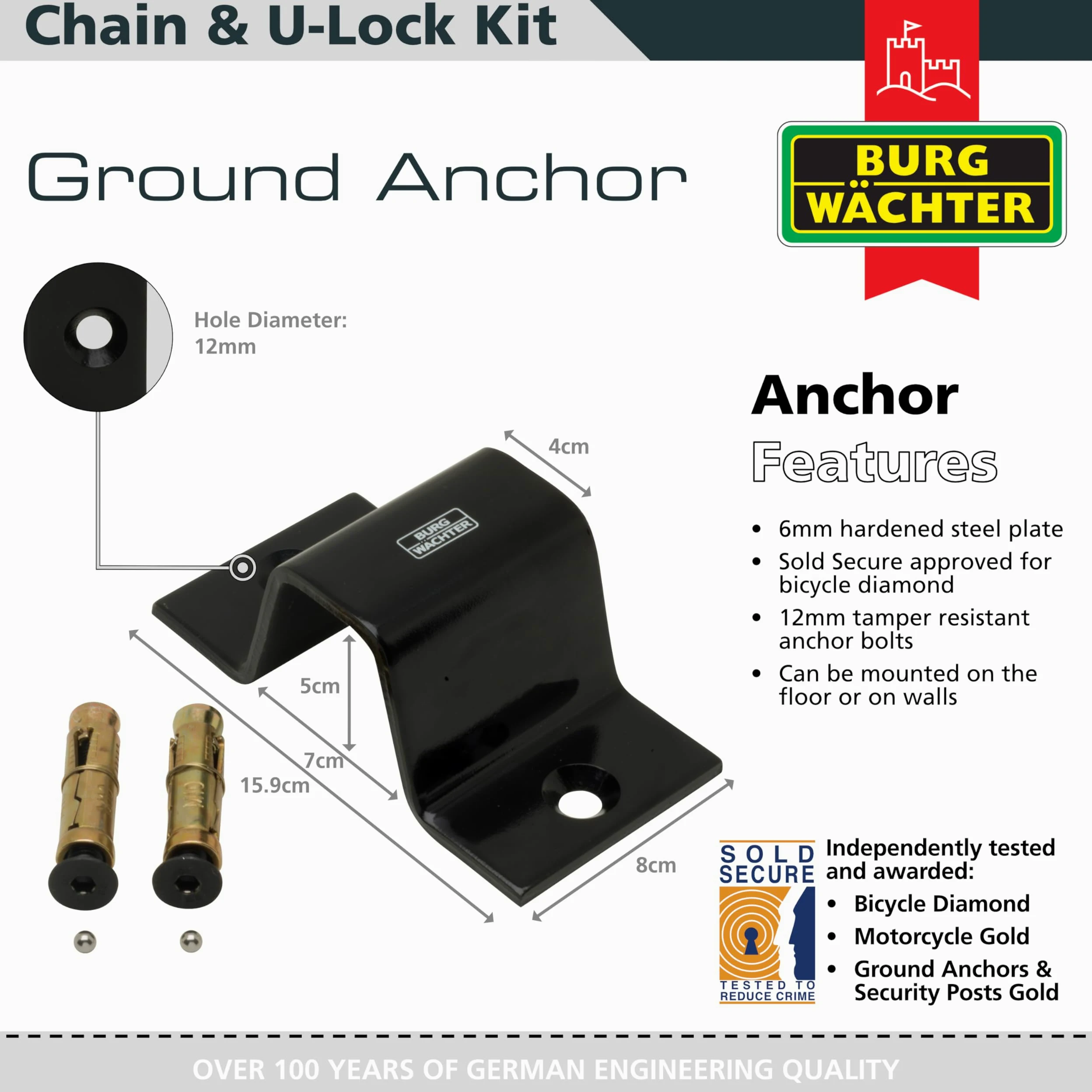 Burg-Wachter - Cadena de seguridad para bicicleta (1 m, 12 mm, cierre de diamante, color negro)