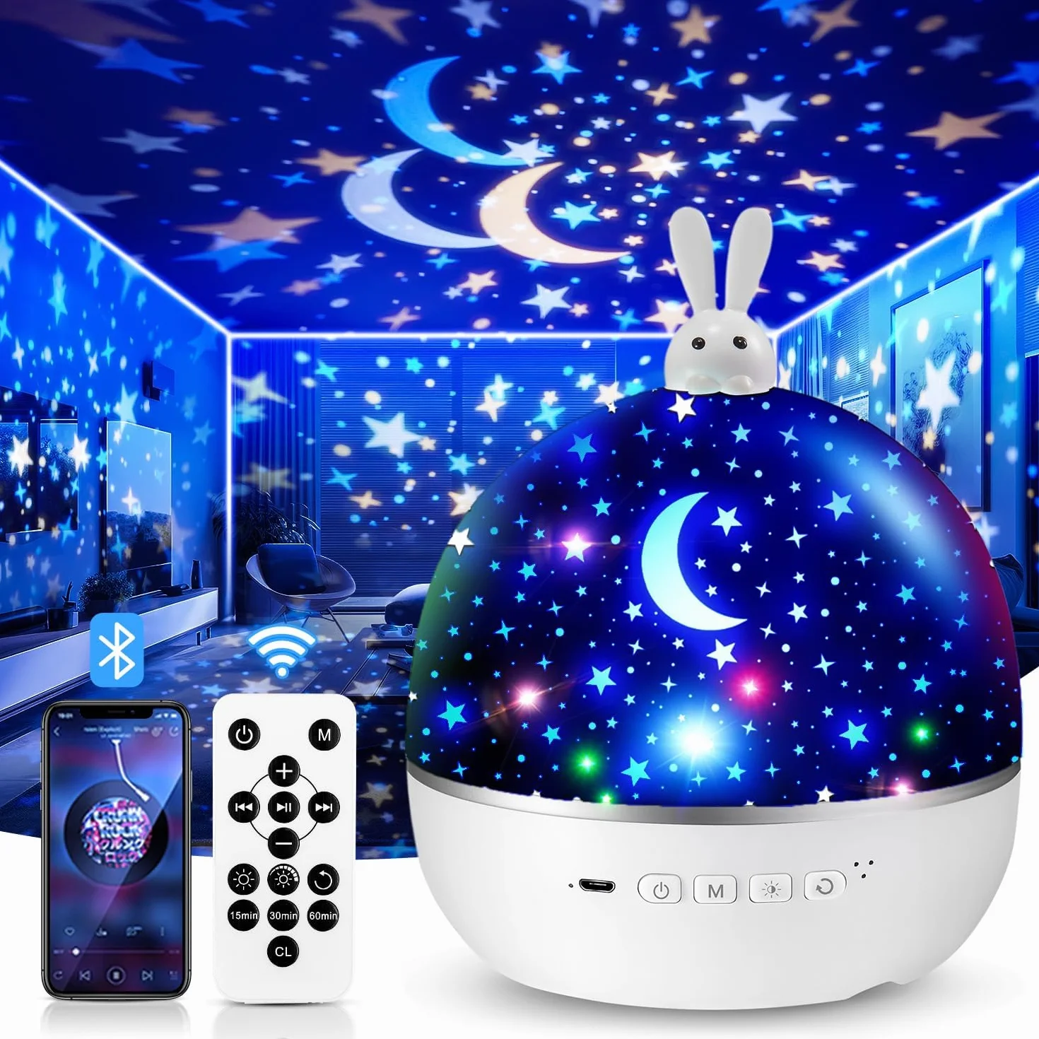 Proyector de Galaxias y Estrellas Real, 15 Temas & Música Bluetooth, Luz Nocturna Infantil, 360° Rotación, Juguete para Niños 1-5 años