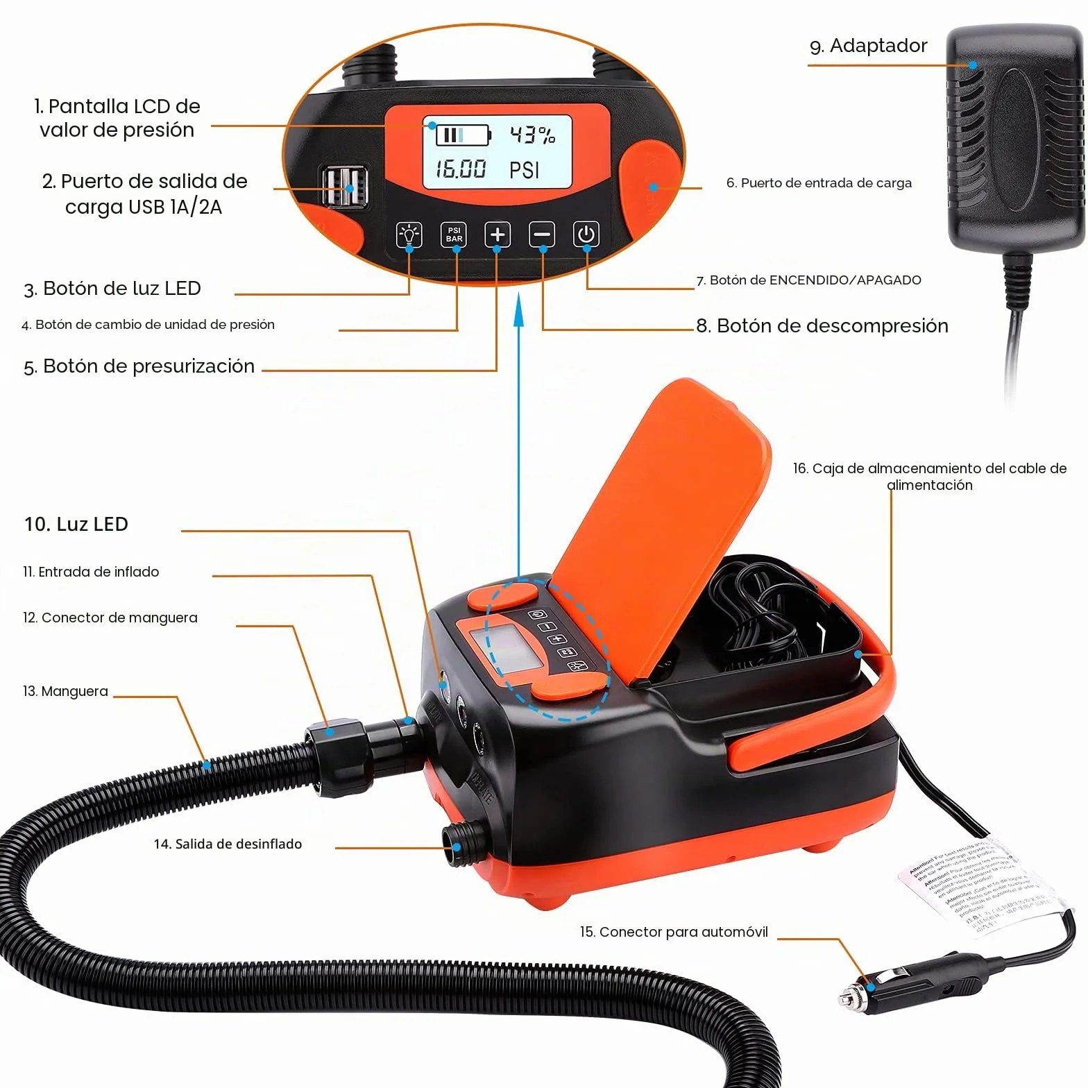 AGPtEK 6000mAh Bomba de Aire eléctrica Digital 16PSI 12V Recargable con Modo inflador y desinflador Rápido, Inflador Portátil de Alta Presión para Paddle Surf, Carpas, Sup y Botes inflables