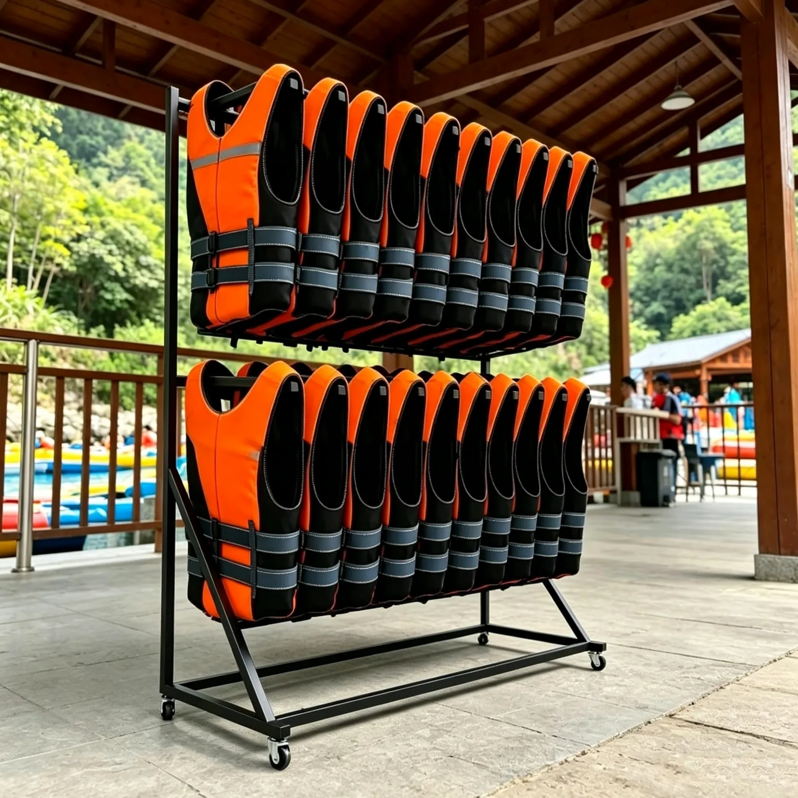 Estante Resistente para Chalecos Salvavidas, Soporte Independiente para Trajes de Neopreno y Chalecos, Organizador de Accesorios de Piscina con Ruedas giratorias(2-Tier)